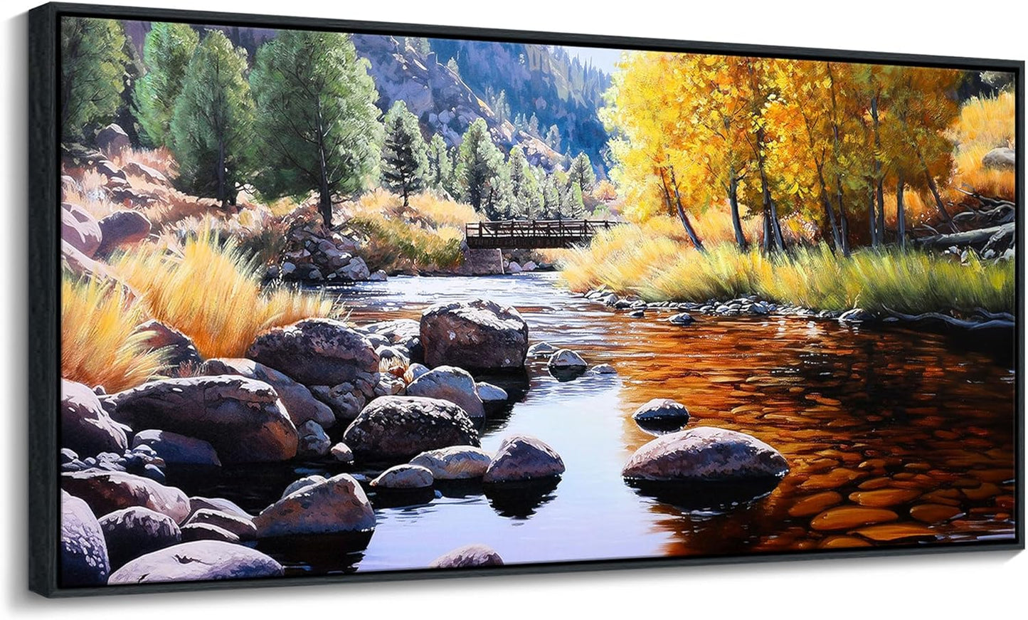 CHATYOUNG Fall Forest Wall Art, Yellow Green Tree River Landscape Canvas Picture Country Style Nature Lake Mountain Paintings Artwork for Living Room Bedroom Bathroom Office Home Wall Decor 20"X40"