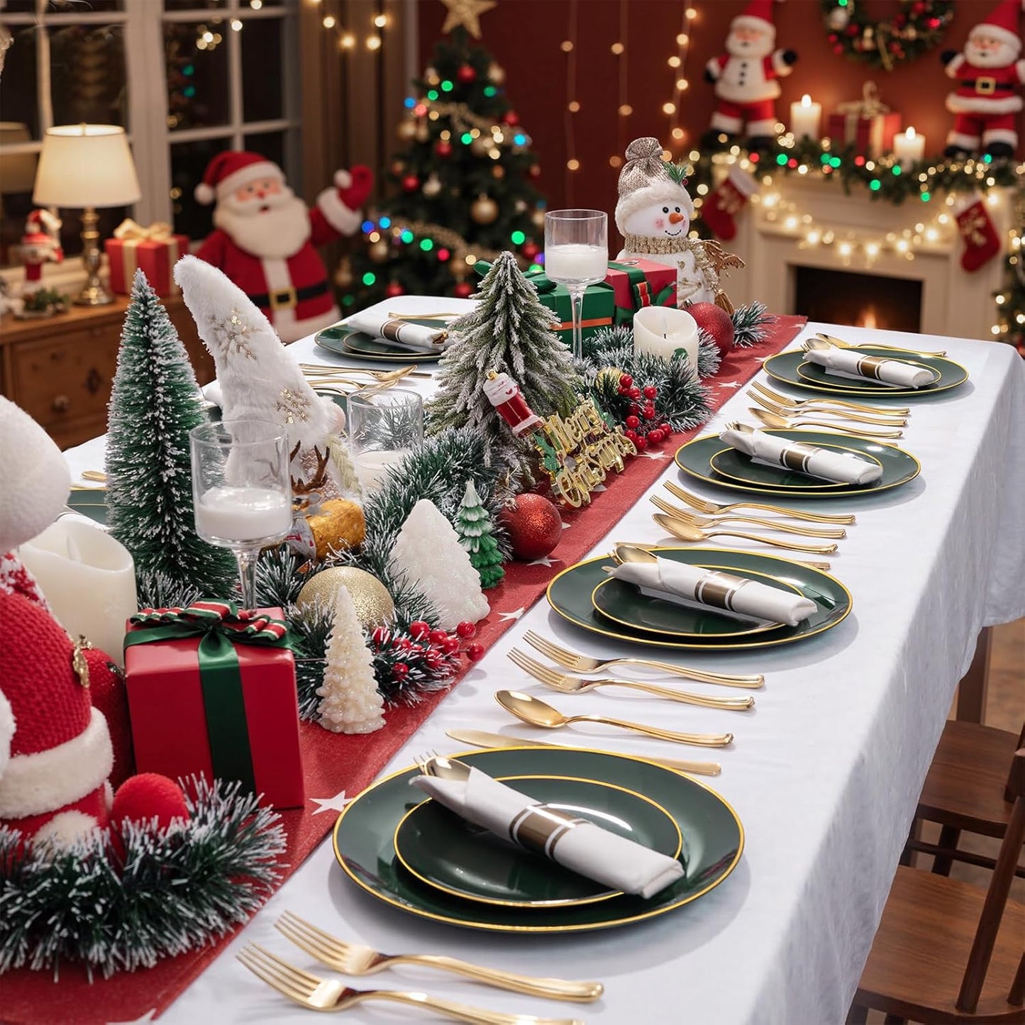 KIRE 350PCS Green Plates Disposable - Heavy Duty Christmas Plates - 50Guest Include Green Plastic Dinnerware - Pro Rolled Napkins with Gold Silverware and Cups for Christmas&Party