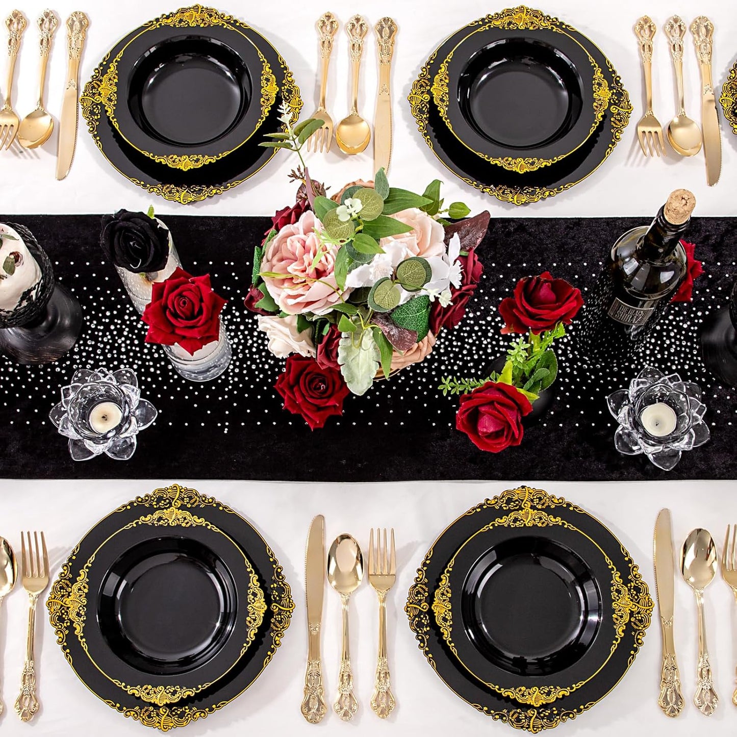 100PCS Black Plastic Bowls - 12 oz Black Gold Disposable Salad Bowls - Heavy Duty Soup Serving Bowl - Fancy Plastic Candy Bowl for Weddings, Parties, Dinners, Catering, Picnics, Halloween Party