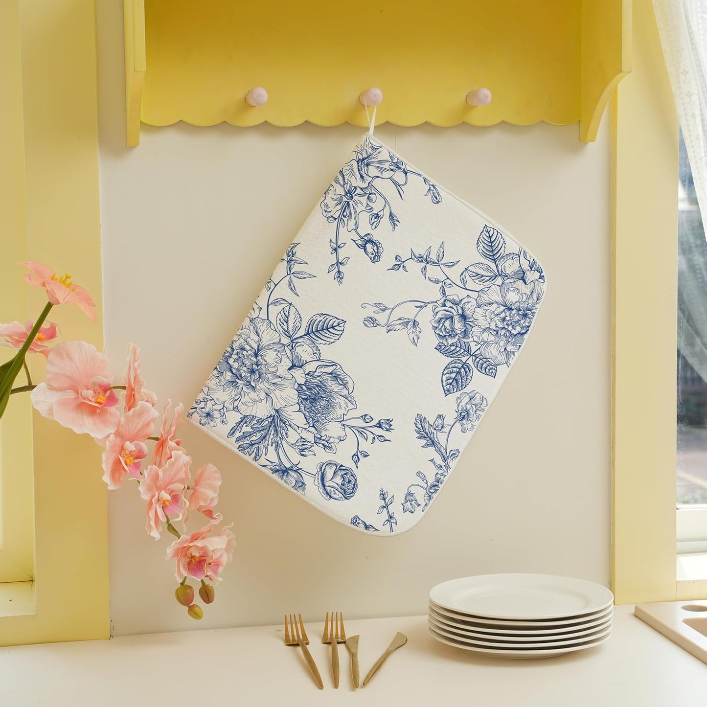Chinoiserie Floral Dish Drying Mat 18 x 24 inch Vintage Blue Flower Decorative Drying Mats Microfiber Absorbent Dish Washable Draining Mat for Kitchen Counter Decor