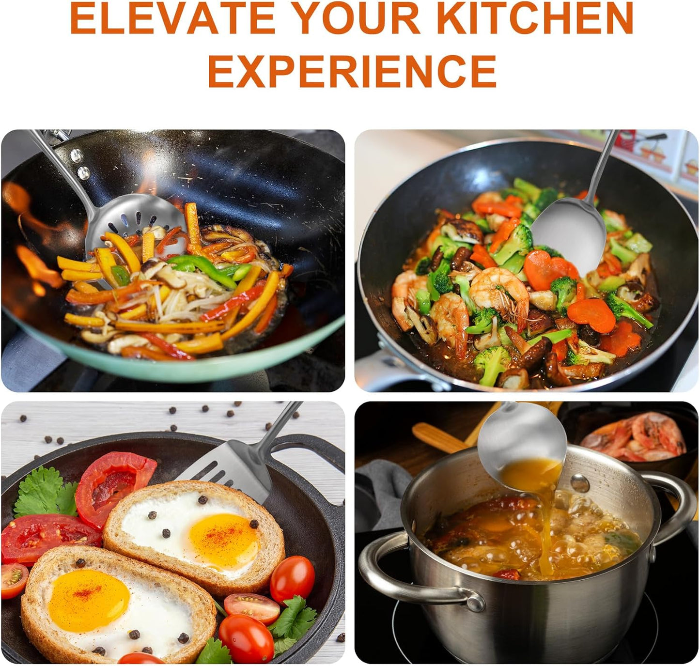 304 Stainless Steel Cooking Utensils,6 Pcs Metal Cooking Utensils Set,Kitchen Tools Set Include Soup Spoon,Slotted Spatula,Skimmer,Spaghetti Spoon,etc (Dishwasher Safe)