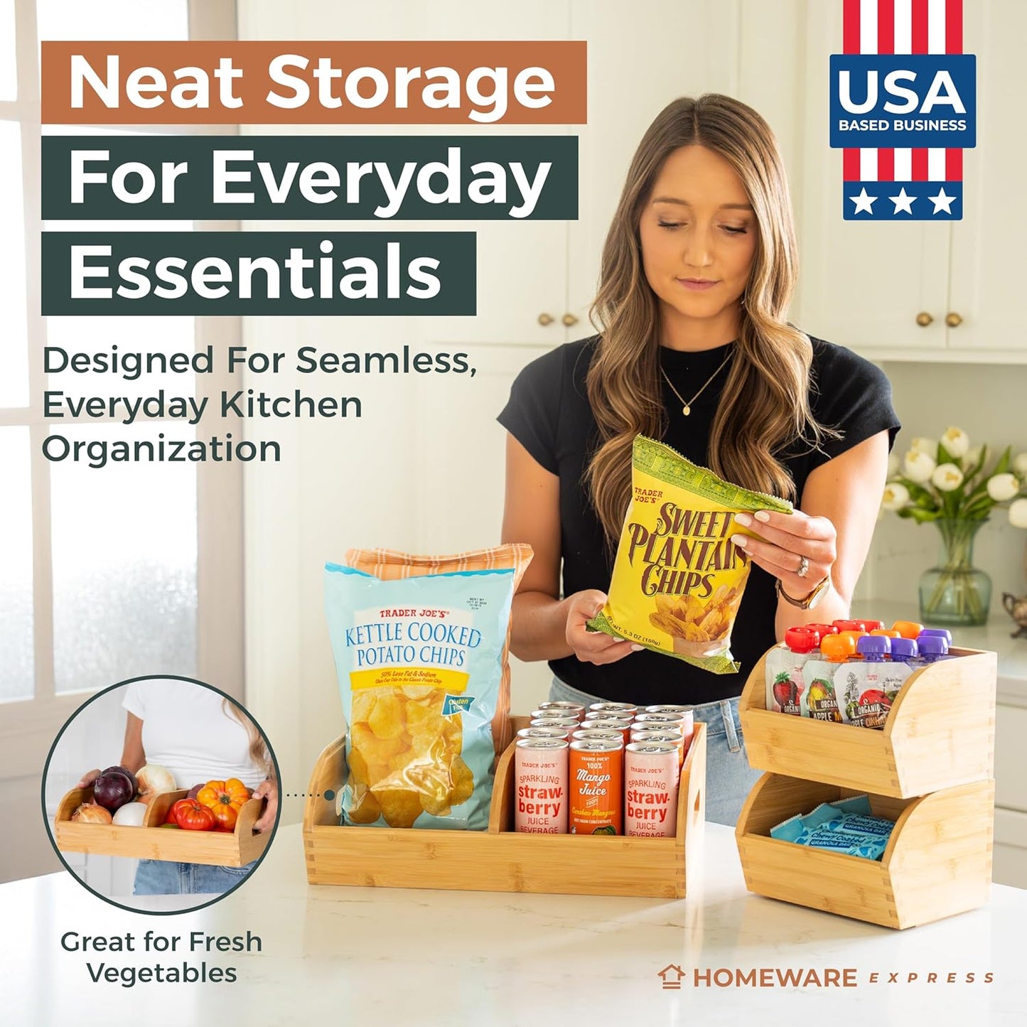 Potato and Onion Storage Bin for Pantry and Kitchen Counter - Ventilated Stackable Bamboo Organizer Baskets with Handles - Multipurpose Organization Containers for Fruit, Vegetable, Pantry - 3 Pack