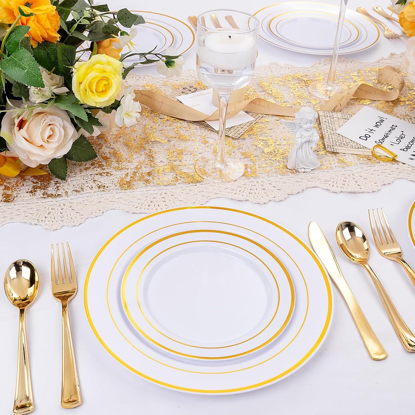 I00000 300 Pcs Gold Plastic Plates for 50 Guests.Disposable Dinnerware for Party,Plastic Dinnerware Set of 100 Plates,200 Gold Silverware Set(50 Spoons,50 Knives,100 Forks)
