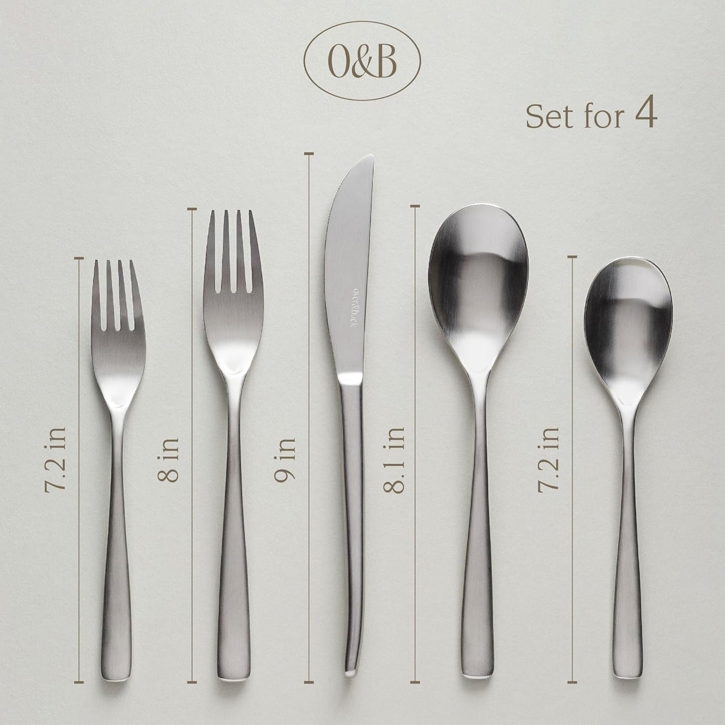 over&back 20pc Curved Flatware Cutlery Set - Comes with 4 Dinner Forks, 4 Salad Forks, 4 Dinner Knives, 4 Dinner Spoons, and 4 Teaspoons - 18/8 Stainless Steel - Dishwasher-Safe - Brushed Stainless