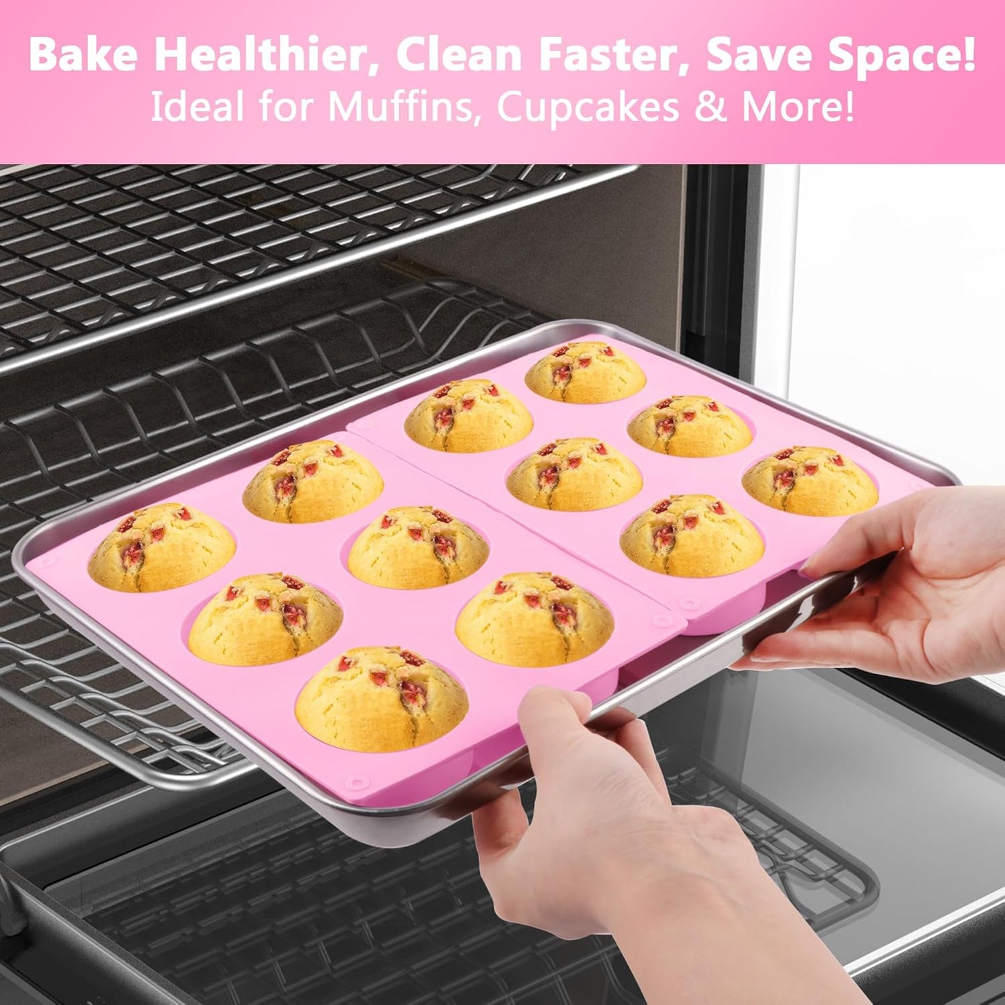 3-Pack Jumbo 6-Cup Silicone Muffin Pan - Non-Stick Baking Mold for Cupcakes, Muffin Cupcake Pans Molds for Baking, Cornbread, Eggs - Pink