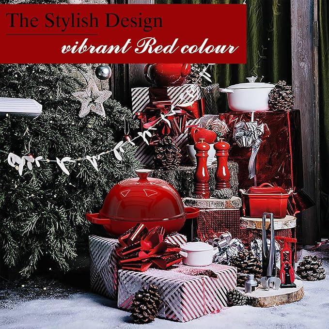 Enamelled Cast Iron Dutch Oven Pot – Dutch Oven Pot with Lid For Sourdough Bread Baking – Cast Iron Bread Oven – Red, Umite Chef 6QT Pot with Lid & Cotton Potholders