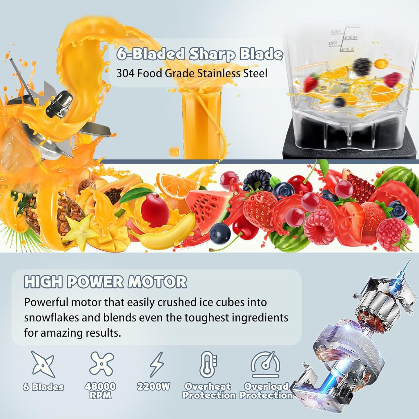 Professional Blenders for Kitchen 2200W High-Powered Blender for Smoothies with 68oz BPA-Free Pitcher, Preset Programs and Timer, Commercial Grade Countertop Blender, Ice Crushing, Shakes