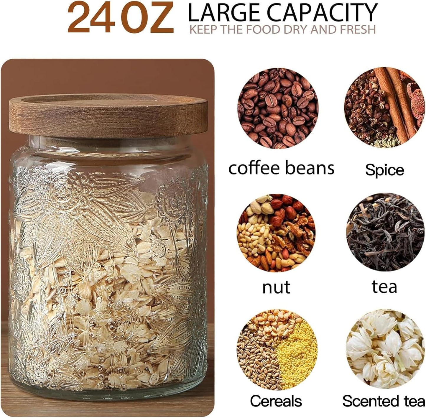 24 OZ Airtight Glass Storage Jar with Bamboo Lid - Vintage Glass Jar Vintage Food Containers Canisters Set for Kitchen Counter & Pantry - Ideal for Sugar, Flour, Coffee, Tea, Candy, Oats -6 Pack