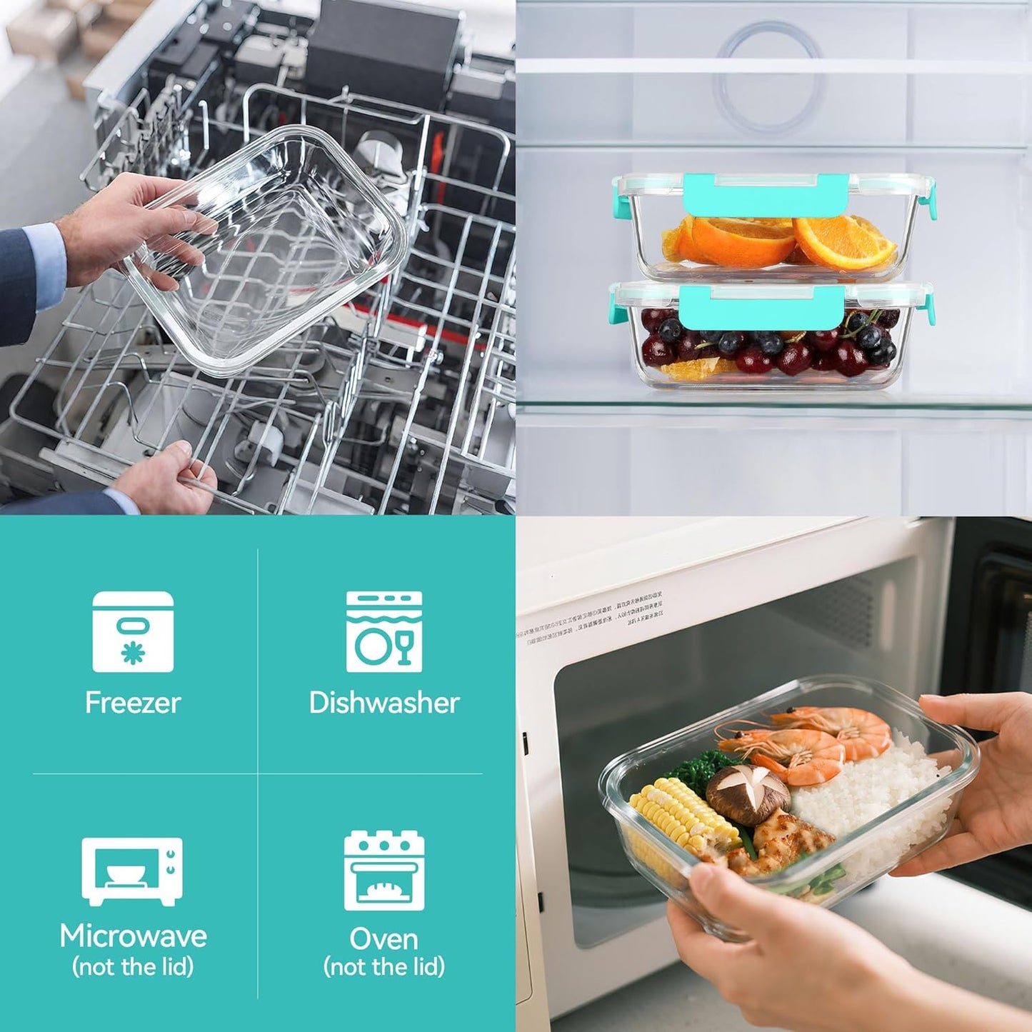 BAYZZ Glass Food Storage Containers, 5 Pack 35 Oz Glass Meal Prep Containers, Lunch Boxes with Airtight BPA-Free Lids, Microwave, Freezer and Dishwasher Safe,Green