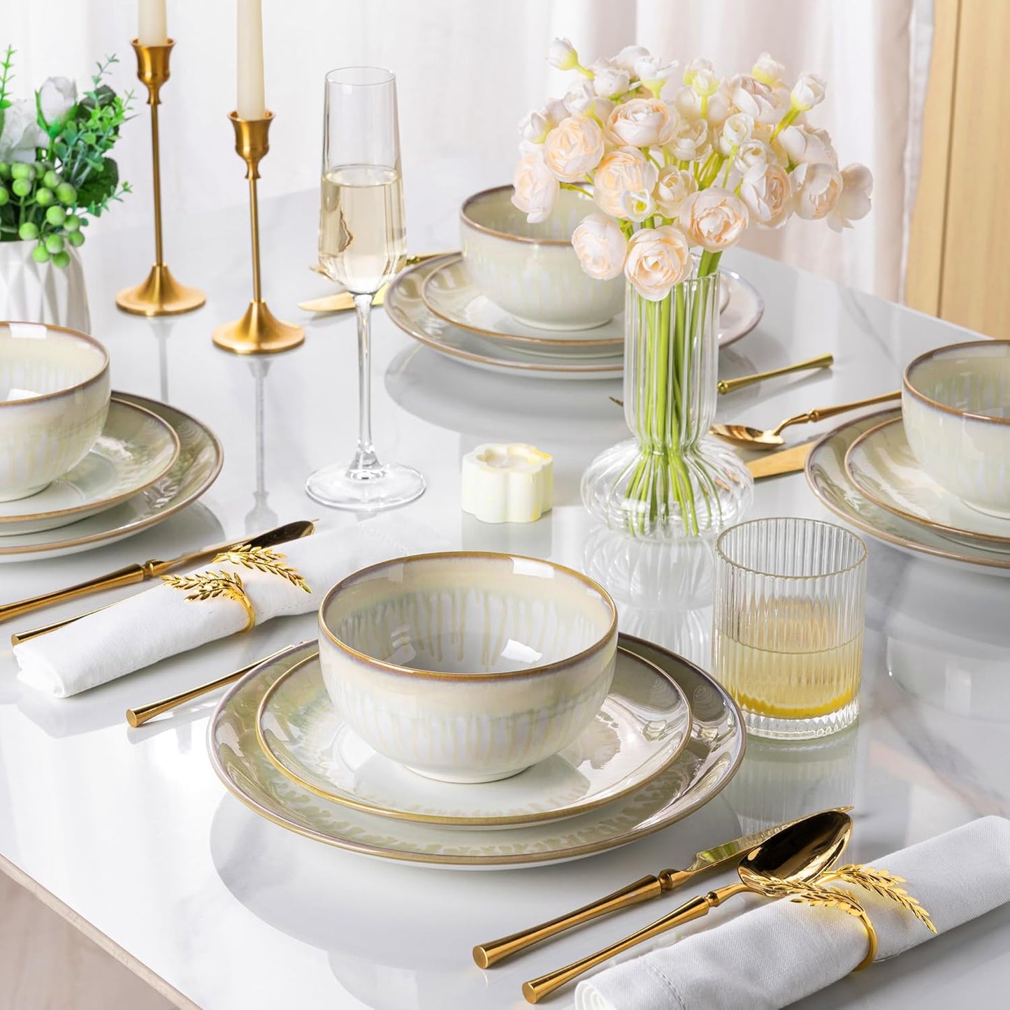 LERATIO Ceramic Dinnerware Sets for 4,Porcelain Plates and Bowls Sets,Handmade Reactive Glaze Dishes Set,Chip Resistant and Scratch Resistant | Oven&Dishwasher & Microwave Safe,Service for 4