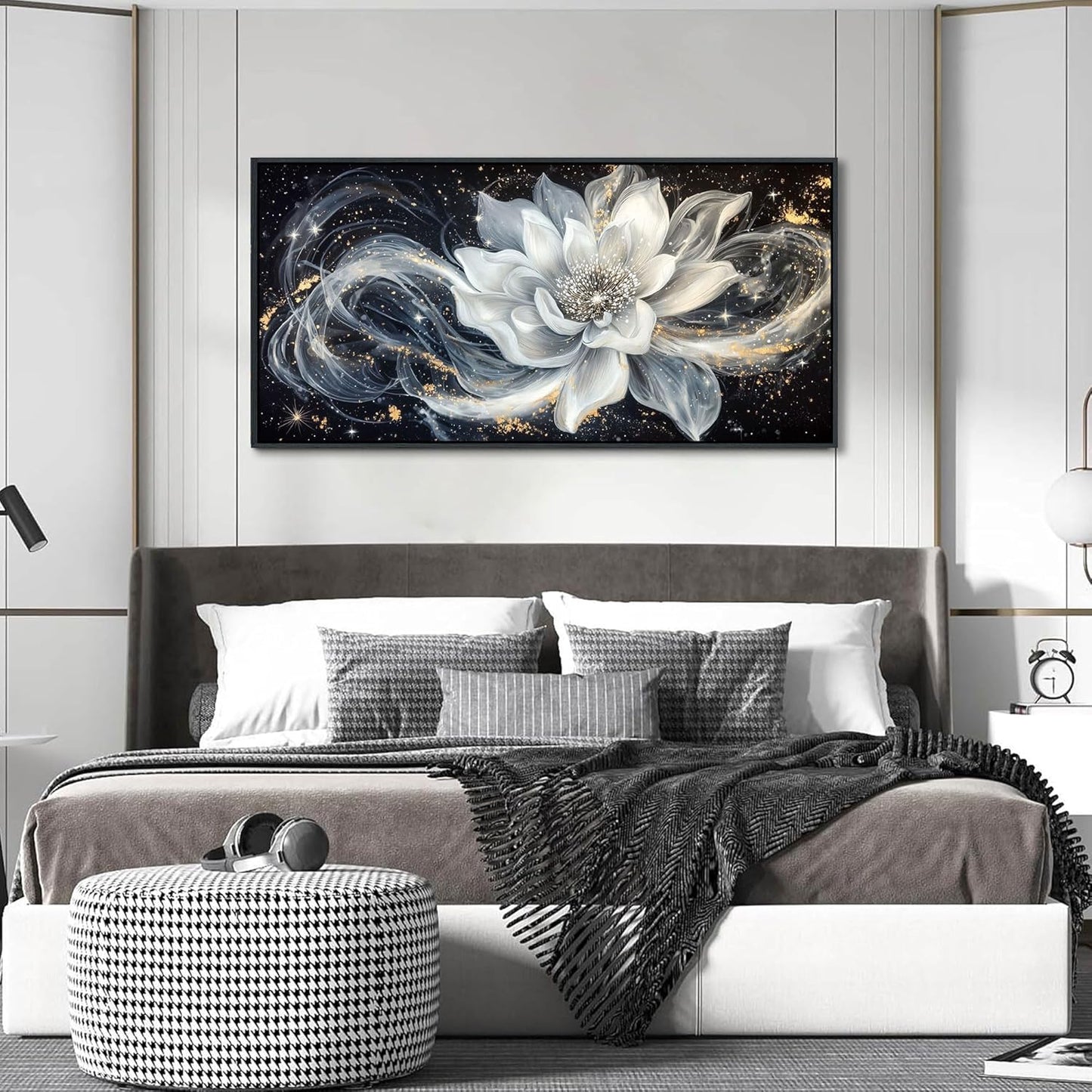QZQCBLC Abstract Flower Wall Art, Black and White Gold Simplicity Framed Canvas Painting Large White Lotus Modern Pictures Artwork for Living room Bedroom kitchen Home Office Decor 24x48 IN