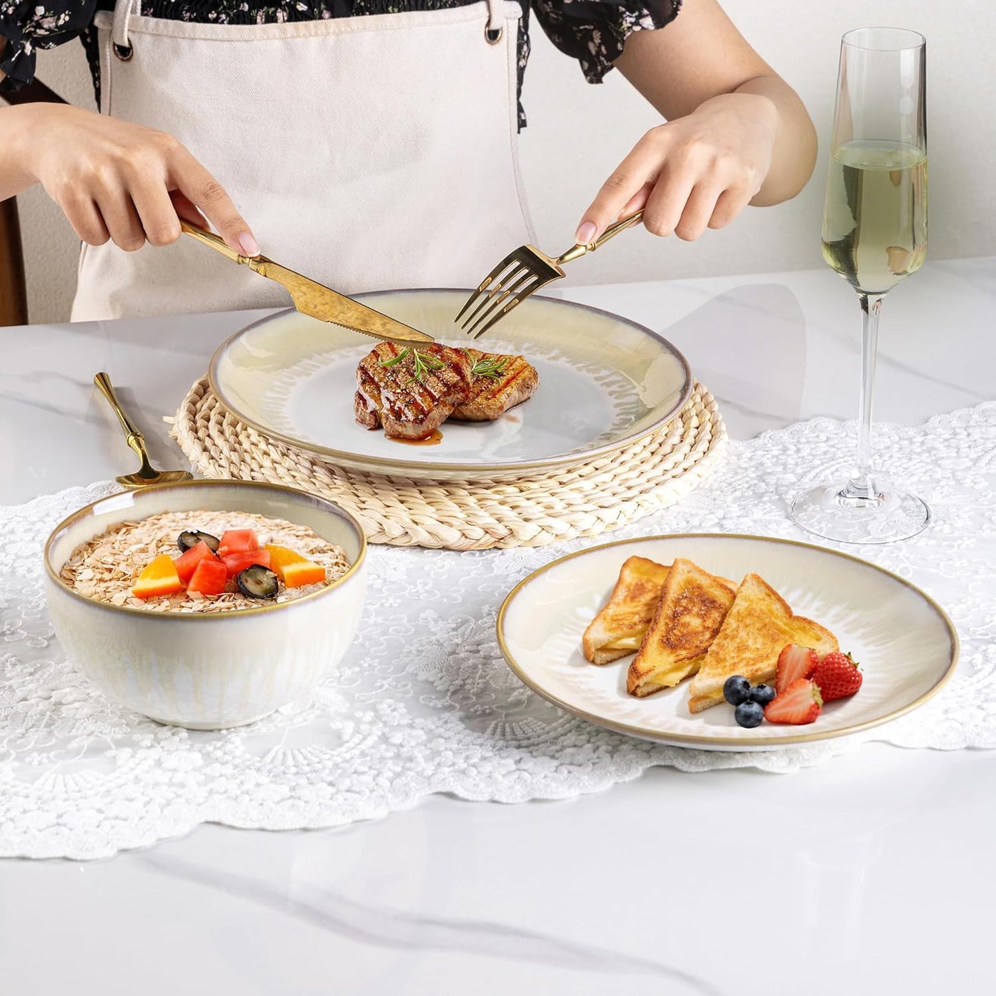 LERATIO Ceramic Dinnerware Sets for 4,Porcelain Plates and Bowls Sets,Handmade Reactive Glaze Dishes Set,Chip Resistant and Scratch Resistant | Oven&Dishwasher & Microwave Safe,Service for 4