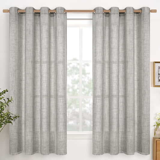 YoungsTex Dark Grey Linen Semi Sheer Curtains 63 Inch Length for Bedroom, Textured Light Filtering Drapes with Bronze Grommet Privacy for Living Room Country, 2 Panels, 52 X 63 Inch