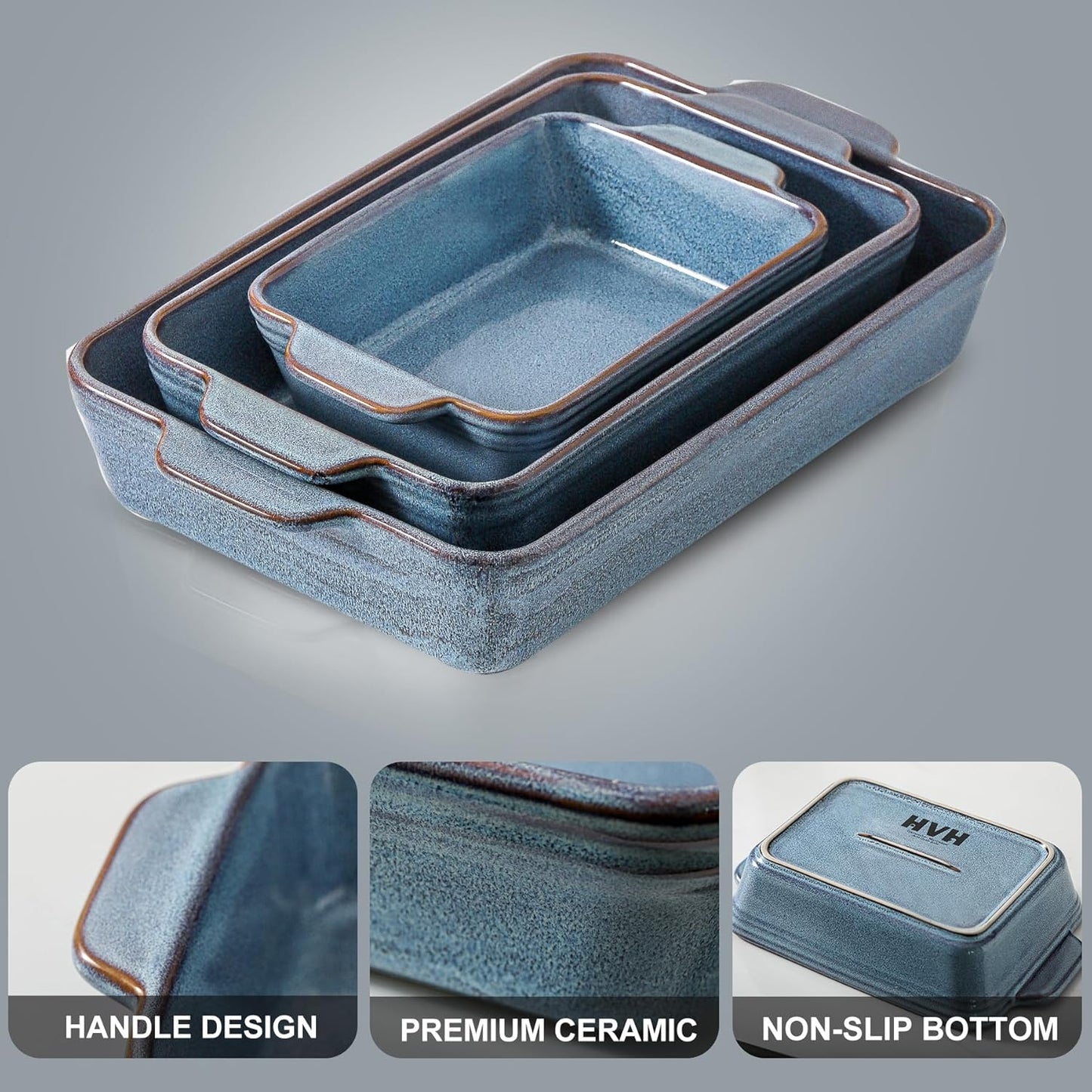 HVH 9x13 Baking Dish Set, Large Casserole Dishes for Oven, Ceramic Bakeware Set of 3, Rectangular Lasagne Pan Deep for Baking (Wabi sabi)