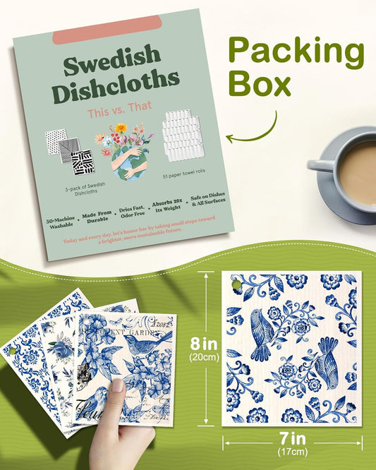 6 Pack Swedish Dishcloths for Kitchen - Reusable Dish Cloths for Washing Dishes Absorbent Cute Funny Kitchen Towels Cleaning Sponge, Blue Floral