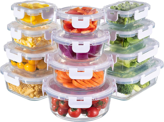 MFY 12-Pack Glass Storage Containers with Lids, Glass Meal Prep Containers Set, Airtight Lunch Containers with Lids, Microwave, Oven, Freezer and Dishwasher Safe, White