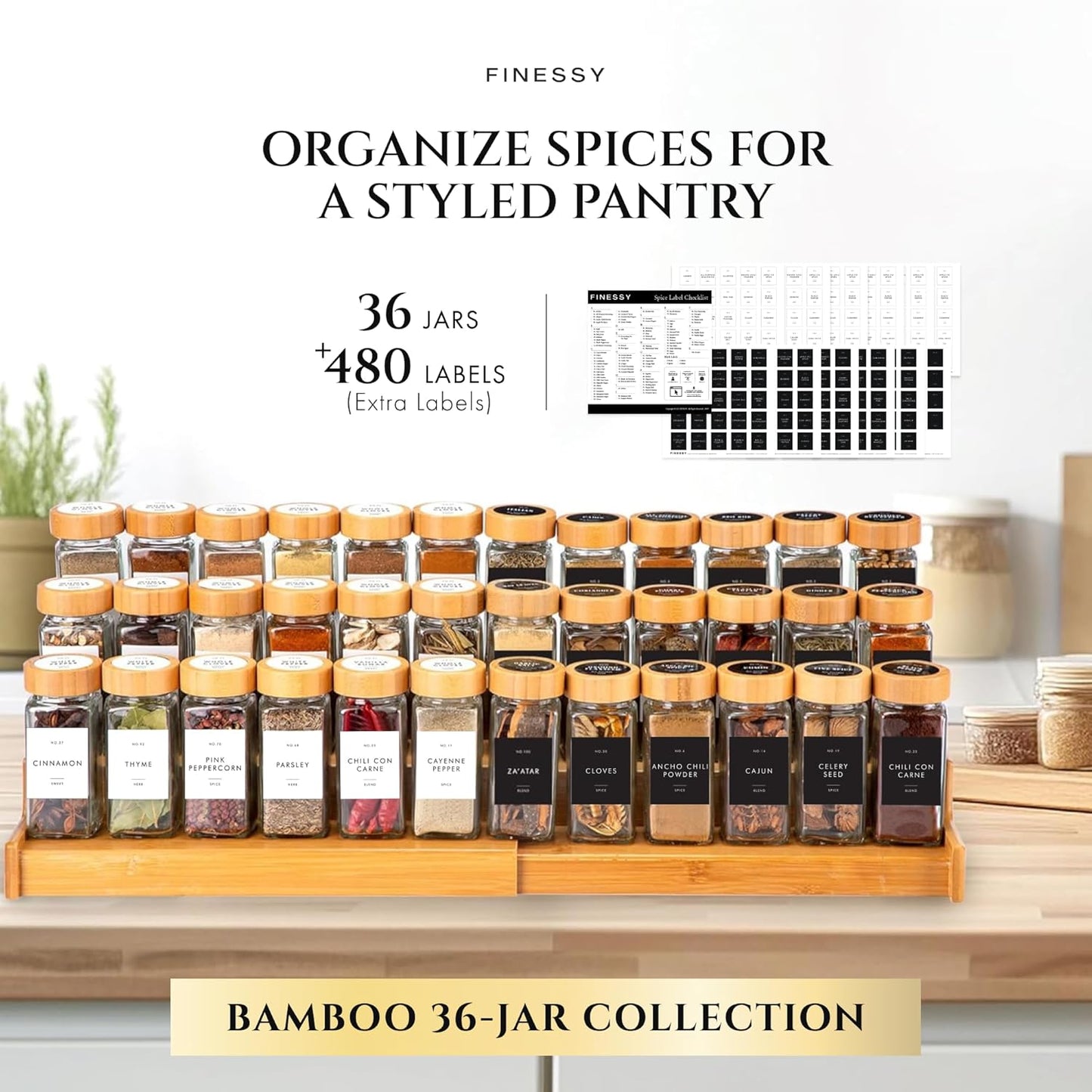 Glass Spice Jars with Label with Bamboo Lids Minimalist 36 Pack Set, 4oz Clear Empty Bottles Seasoning Organizer Jars with Shaker Lids, Small Square Airtight Spice Seasoning Containers Herb Storage