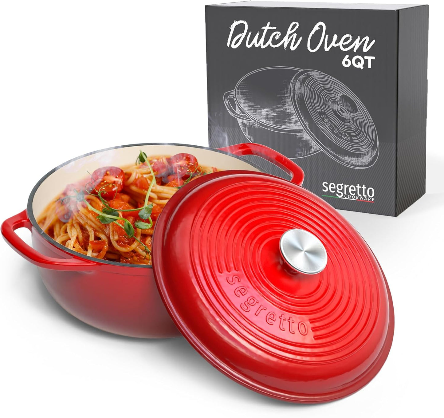 Segretto Cookware Enameled Cast Iron Dutch Oven with Handle, 6 Quarts, Rosso (Gradient Red) Cast Iron Dutch Oven with Lid | Enameled Crock Pot Dutch Ovens comes with Silicone Pot Holders