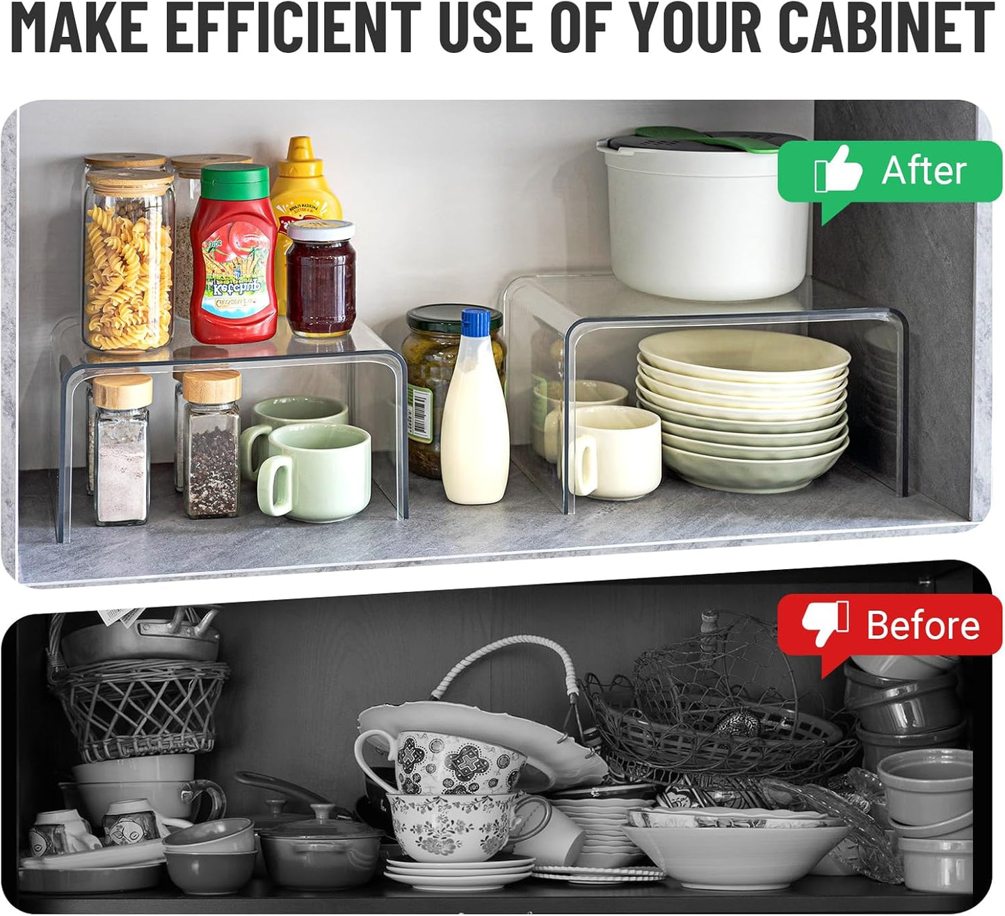 Clear Cabinet Organizer, Shelf Organizer Set of 2 for Kitchen Pantry Organizers and Storage, Display Cabinet Shelf Room Decor Countertop Desk Shelves, Patented Spice Organization for Cabinet