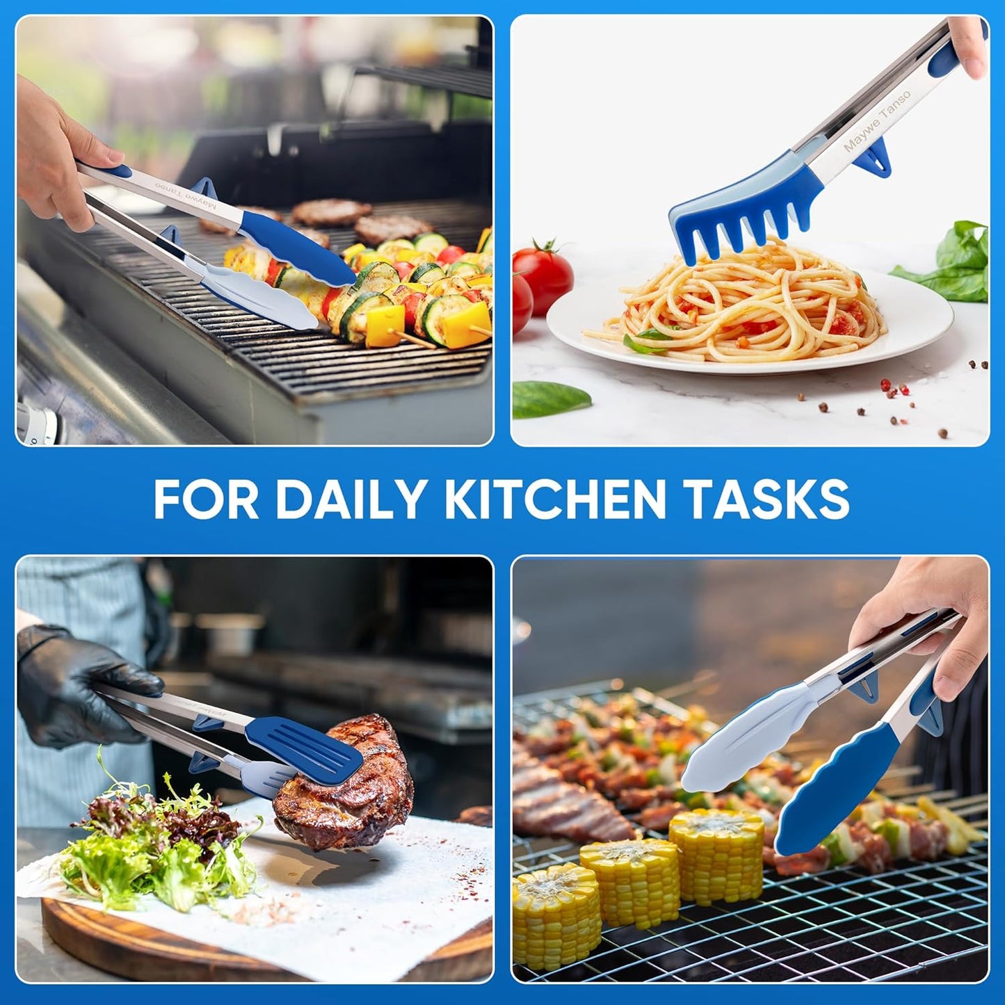 5-Pack Silicone Tongs for Cooking,Maywe Tanso 4PCS 13-Inch Kitchen Tongs with Silicone Tips,Nonstick Stainless Steel Tong for Steak Pie Pizza Pasta Spaghetti Salad BBQ Buffet,Plus Brush