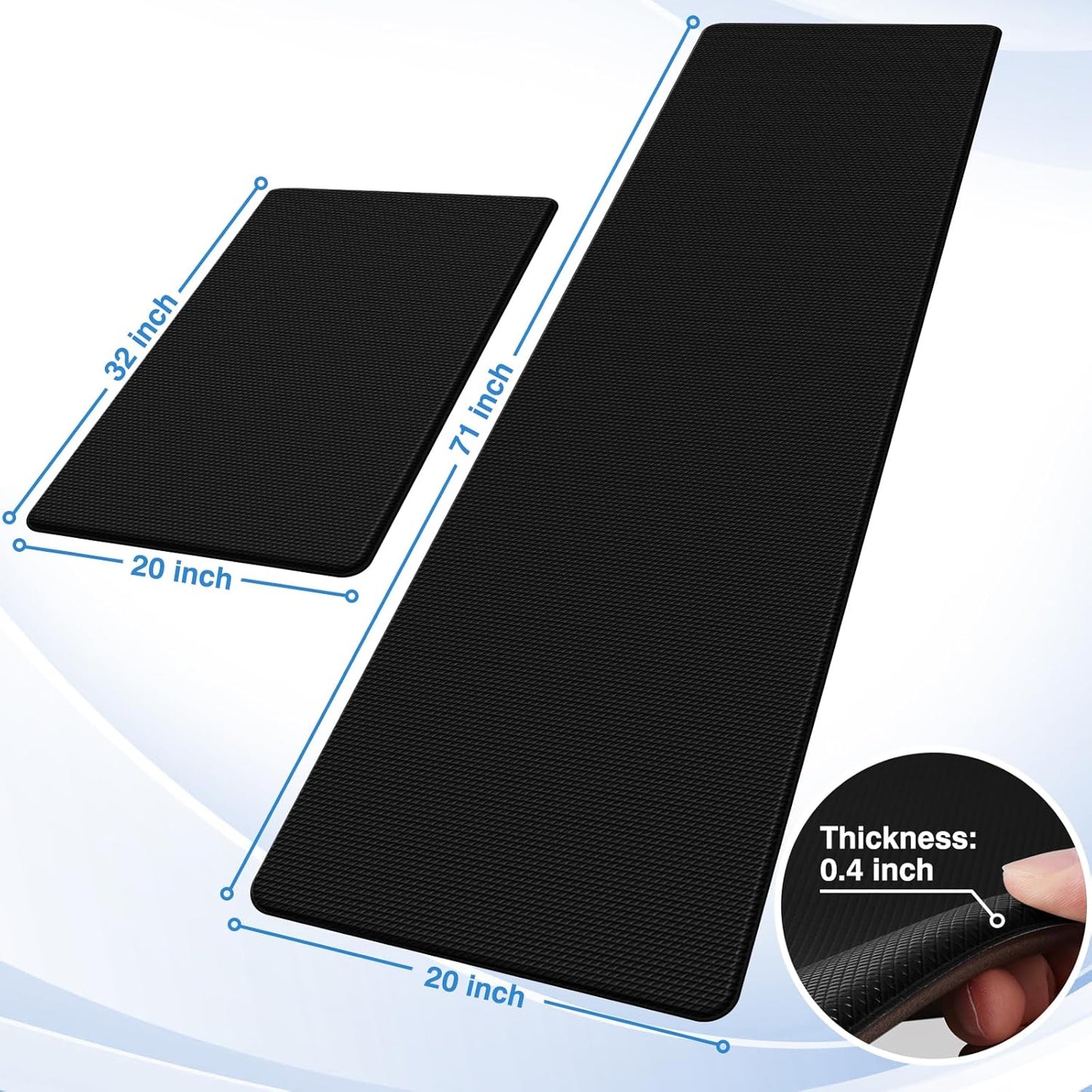 StepRite Kitchen Mats, 2PCS Kitchen Rugs, Cushioned Anti Fatigue Kitchen Mats for Floor, Non-Slip Standing Desk Mat, Waterproof Kitchen Rug Set for Kitchen, 20" x 32"+20" x 71"-0.4 inch Thick, Black