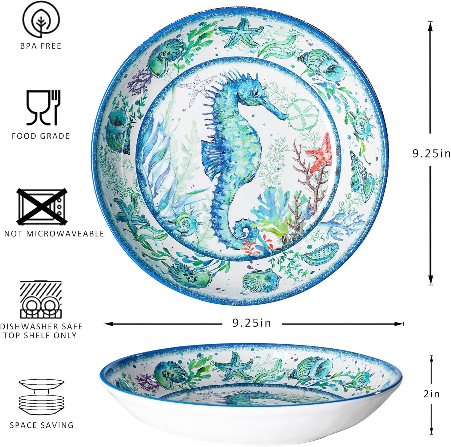 LEHAHA Melamine Pasta Bowls, Set of 6 9.25 inches 42 OZ Large Salad Serving Bowls, Coastal Melamine Dinner Deep Plates, Lightweight Soup/Cereal/Noodle Bowls set, Dishwasher Safe,Oceanic Design…