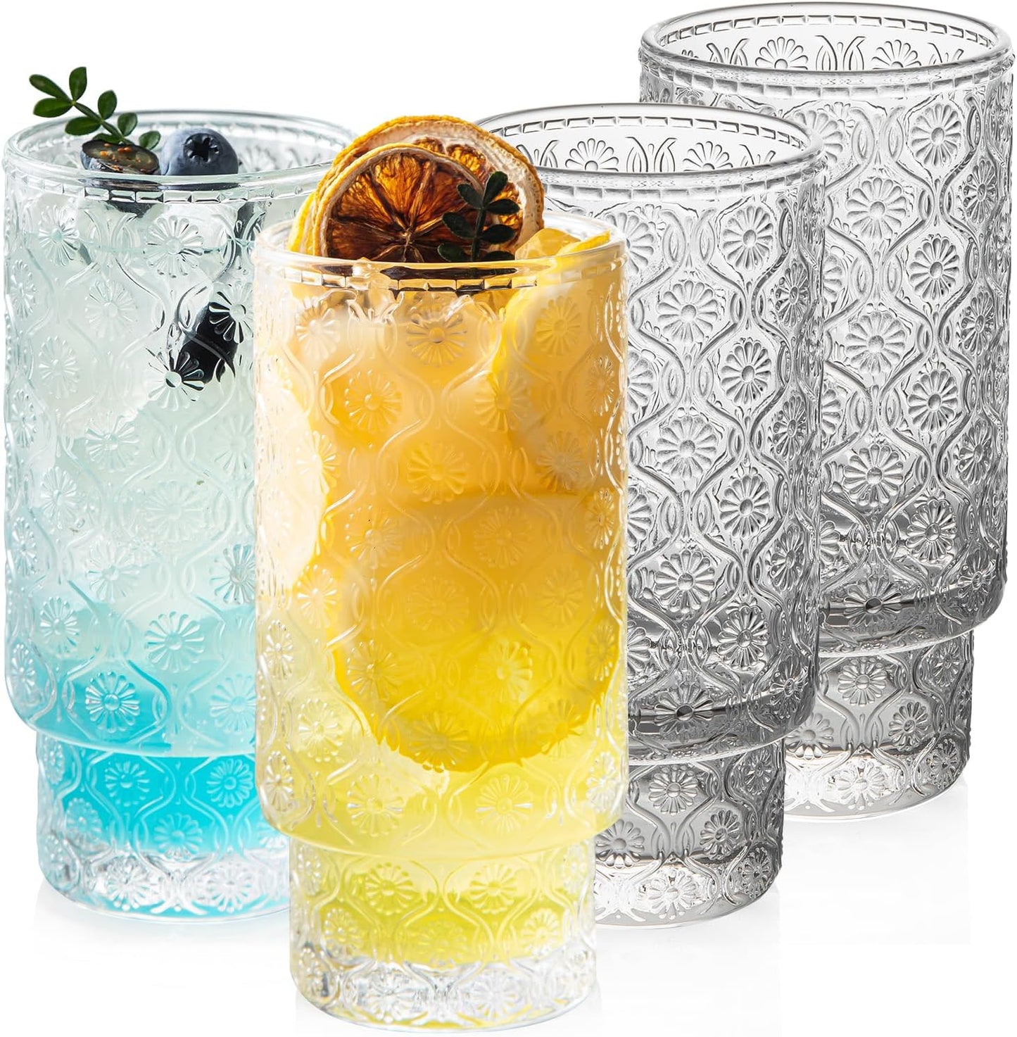 Drinking Glasses Set of 4, 16oz Textured Flower Design Cocktail Glasses, Stackable Old Fashioned Glass Cups, Vintage Glassware for a baby Shower Wedding for Kitchen and Bar - Dishwasher Clear