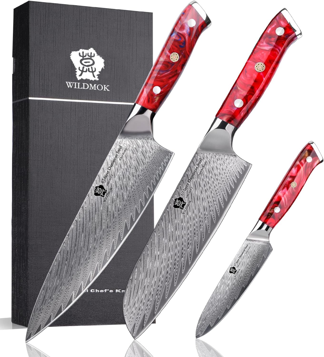 WILDMOK Damascus Kitchen Knife Sets 3 PCS, Razor Sharp Kitchen Knives Made of Japanese Damascus Steel, Well-Balanced Damascus Chef Knife set with Premium Resin Full Tang Handle Triple Rivet Gift Box