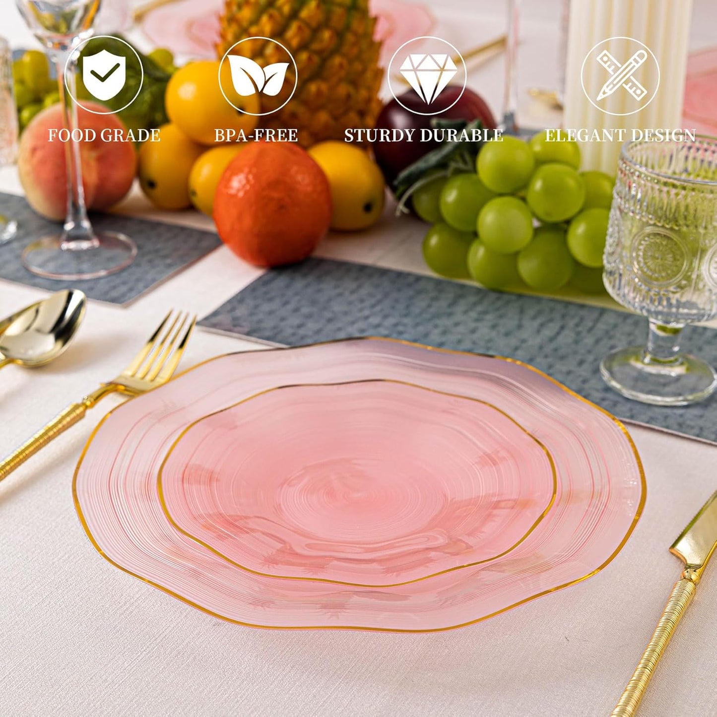 120PCS Pink Plastic Plates with Gold Rim, Heavy Duty Disposable Plates, Elegant and Fancy 60 Dinner and 60 Dessert Plates for Party and Wedding
