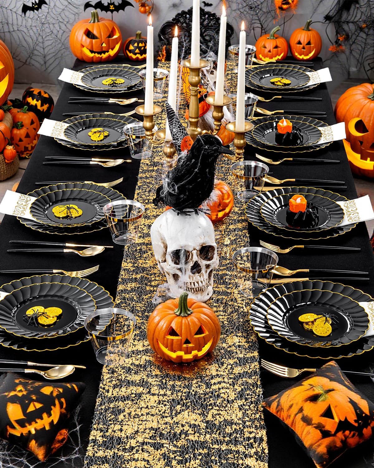 Ciaell 175 PCS Black Scalloped Plastic Plates with Gold Trim - Black Plastic Silverware with Handle - Fancy High-End Dinnerware Sets for Wedding & Showers & Party & Halloween (25 Guests)