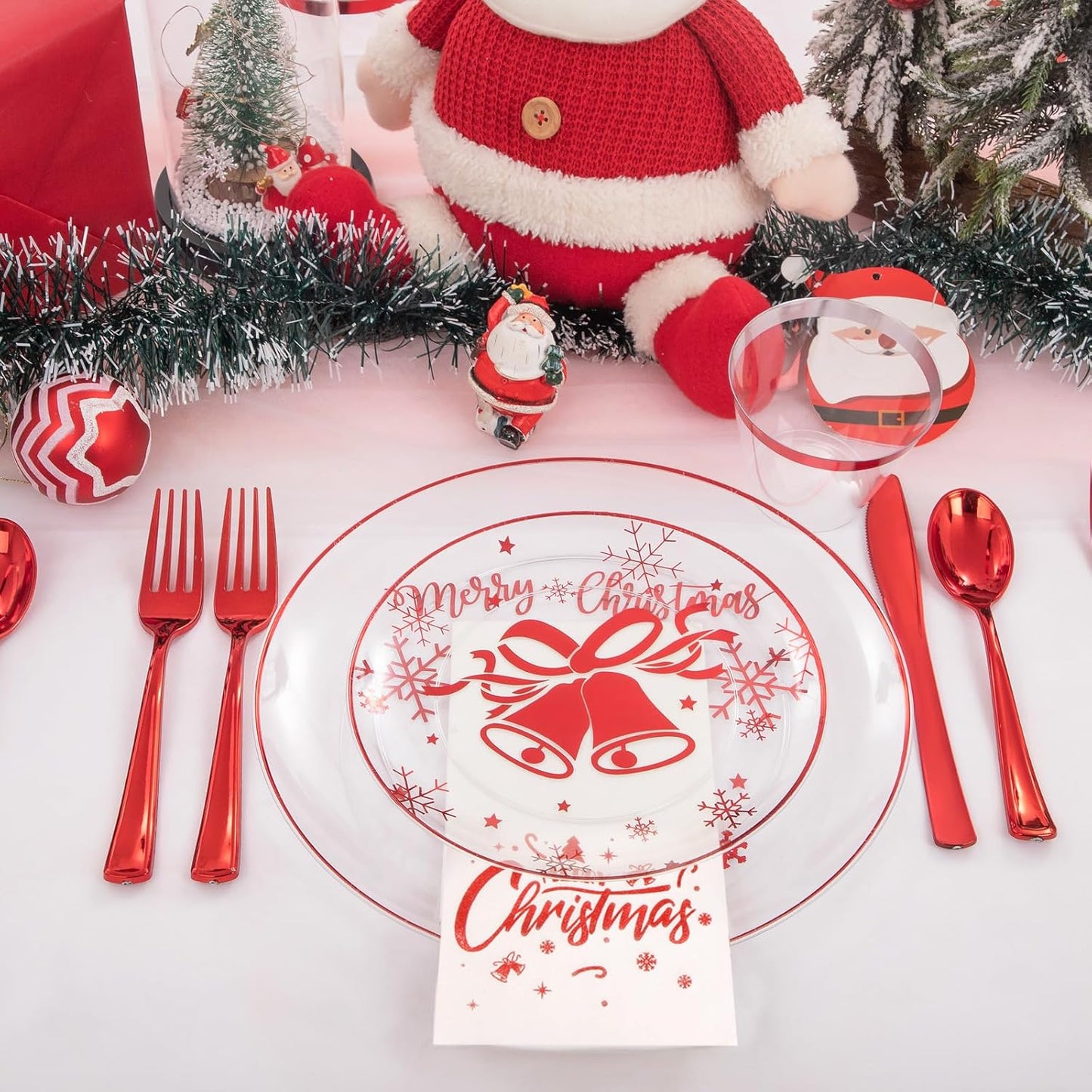 DaYammi 175Pcs Red Plastic Dinnerware Set - Clear Red Plates, Forks, Knives, Spoons, Cups and Napkins for Christmas Party