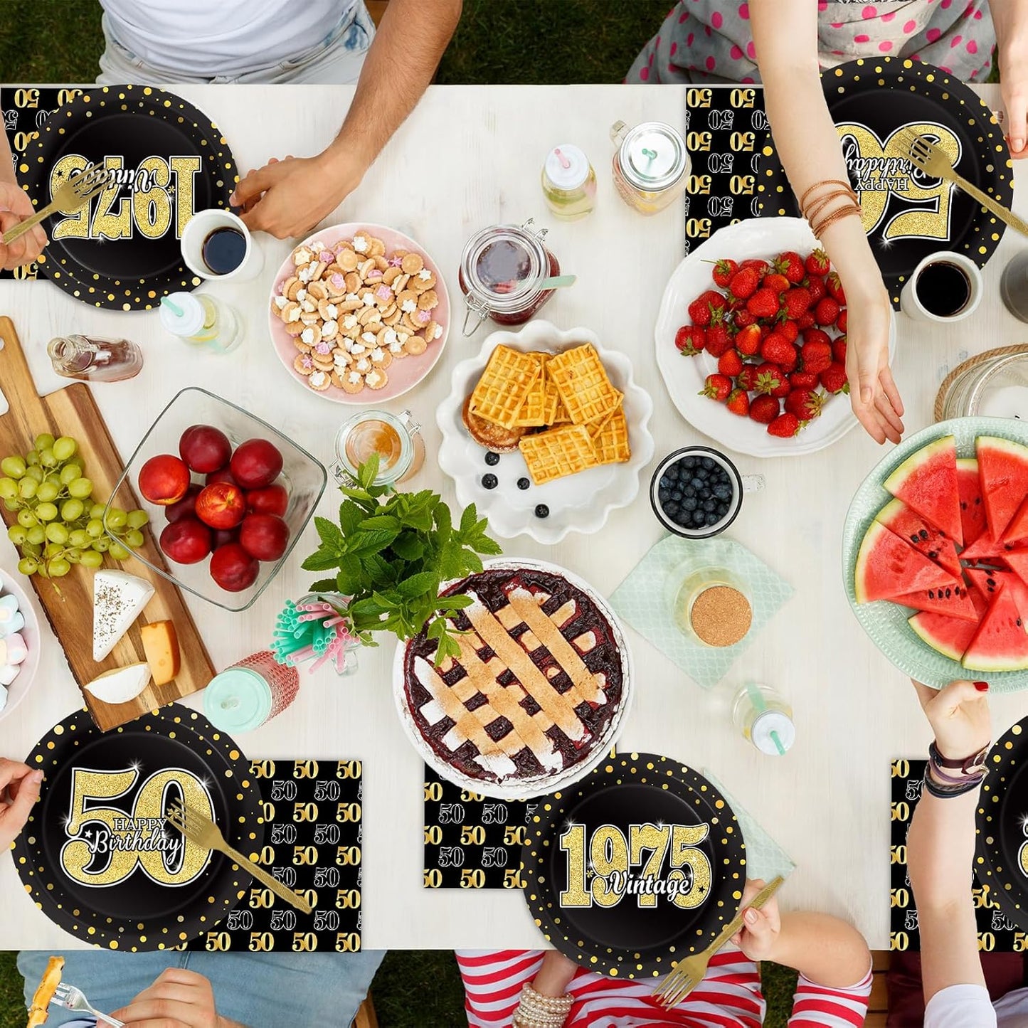 200PCS 50th Theme Birthday Party Tableware Vintage 1975 Party Supplies 50 year old Birthday Party Decorations Plates Napkins Forks Black and Gold Dinnerware Favors for Men or Women
