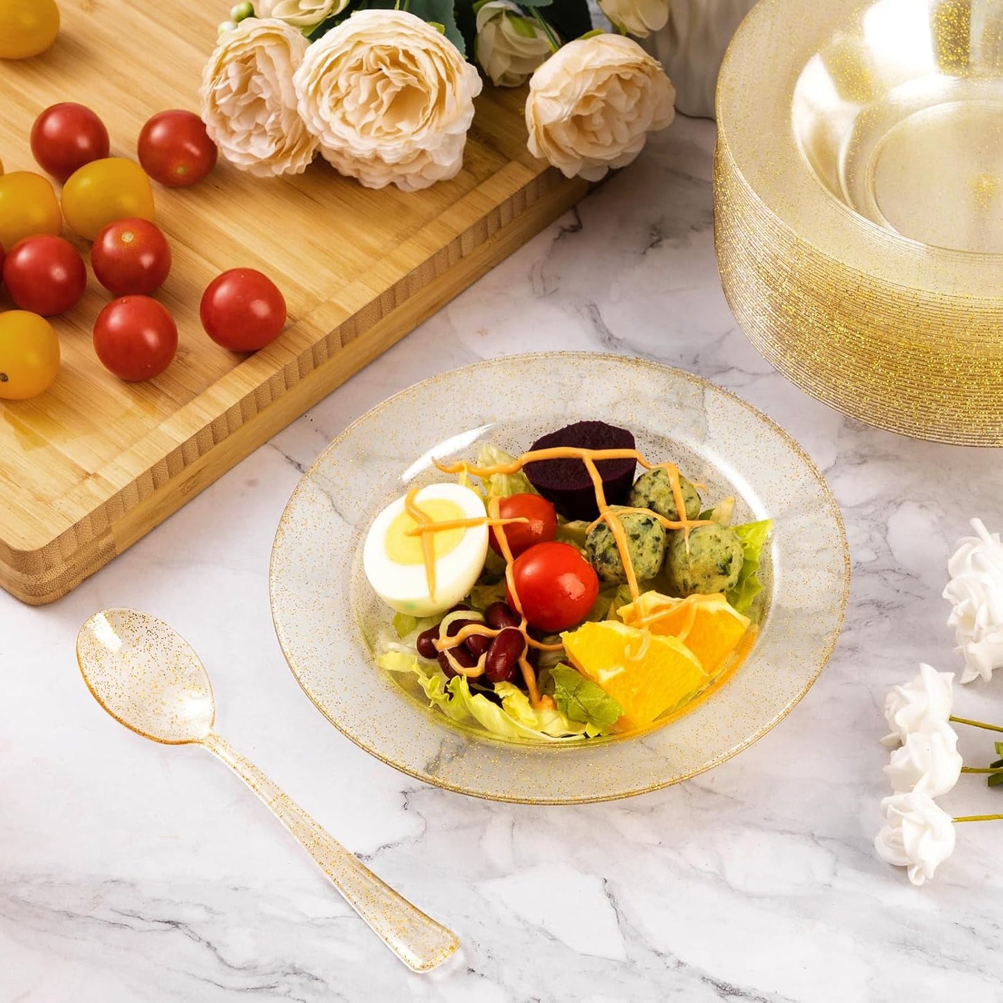 Goodluck 100 Pack Gold Glitter Plastic Bowls, 12oz Disposable Soup Bowls, Heavy Duty Dessert Bowls for Weddings, Parties, Dinners, Catering, Christmas and Everyday Use