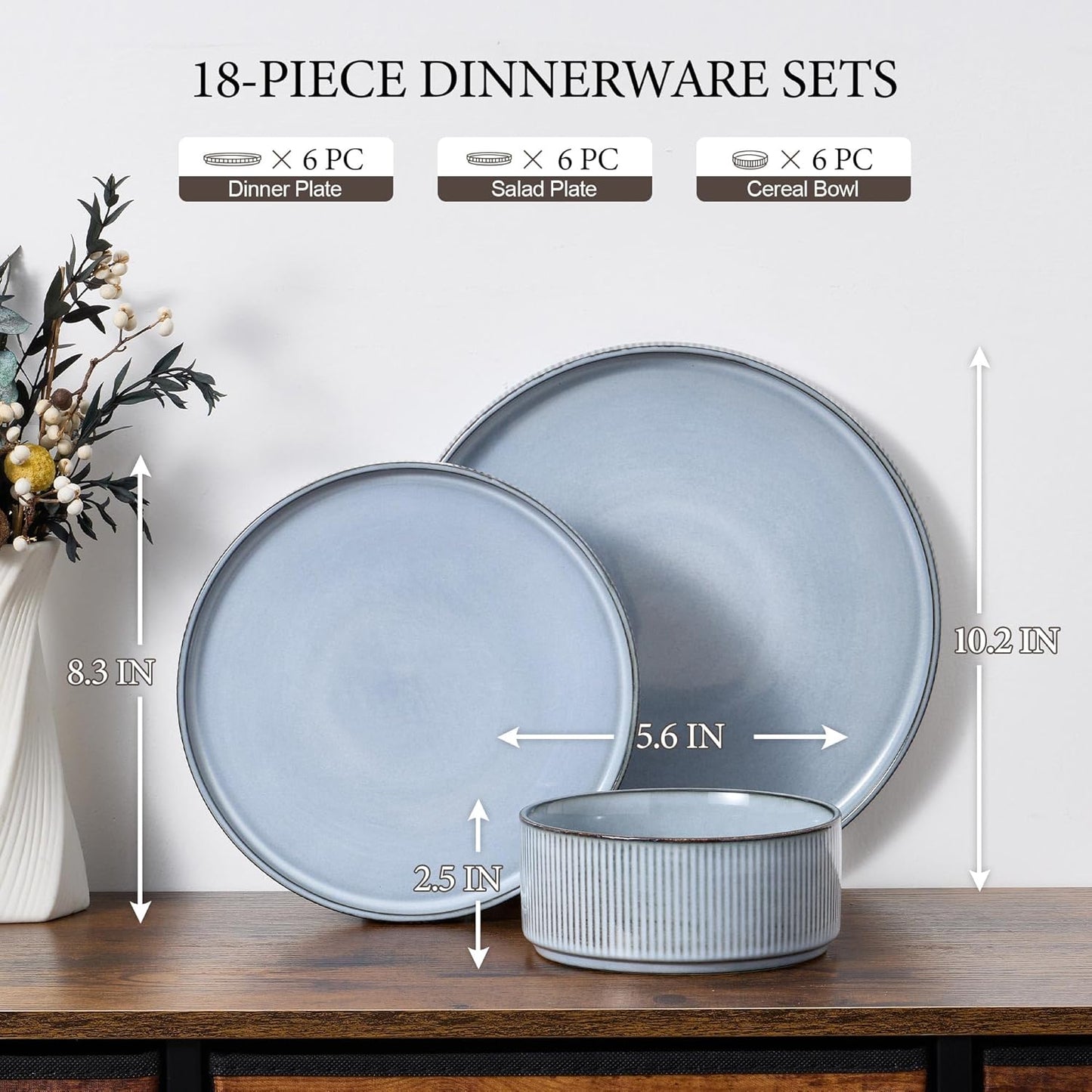 E-far Stoneware Dinnerware Sets, 18-Pieces Modern Plates and Bowls Sets, Kitchen Dinning Porcelain Dishes Set for 6, Chip & Scratch Resistant, Dishwasher & Microwave Safe, Dusty Blue