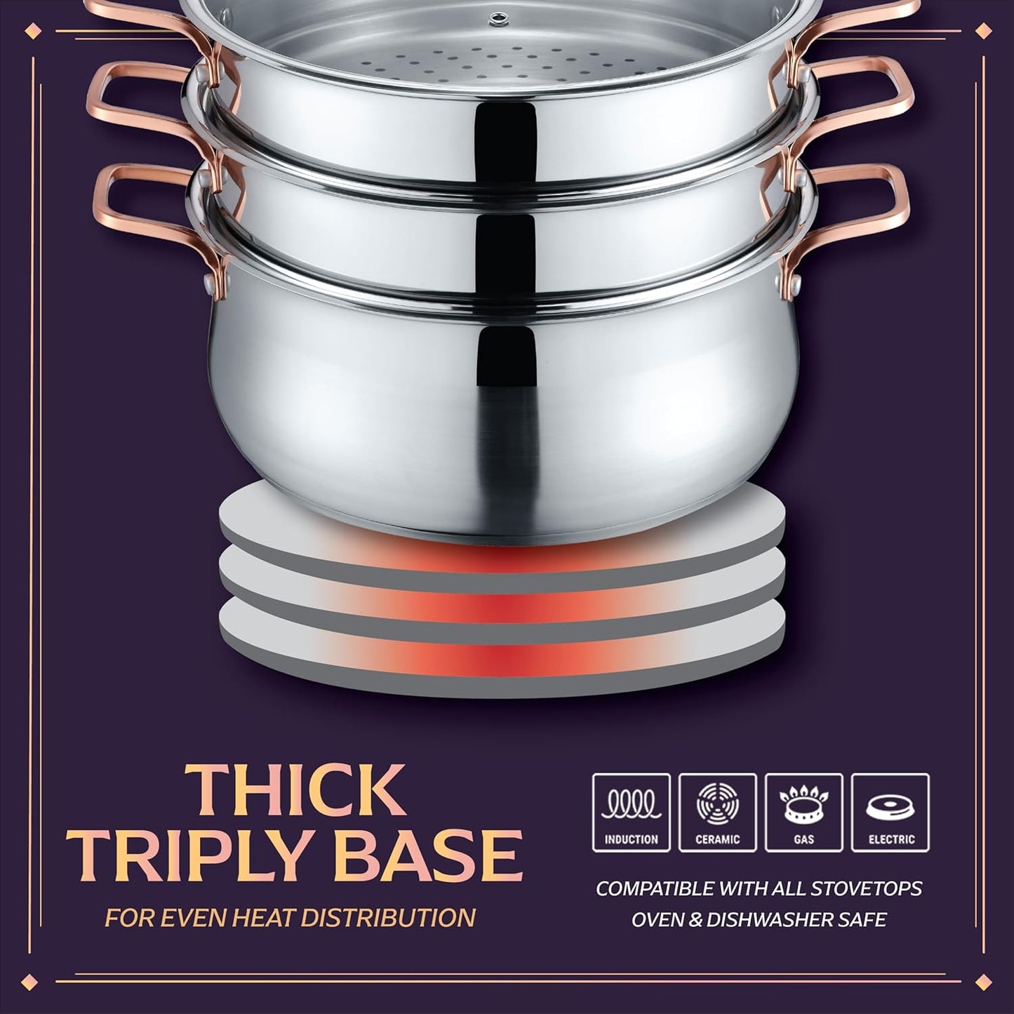 CONCORD Premium Stainless Steel 3 Tier Steamer w/Rose Gold Handles 26 cm