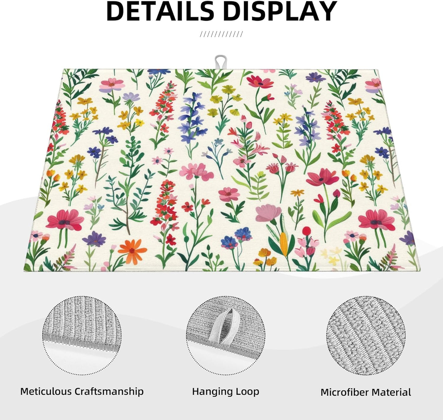 Watercolor Wildflower Dish Drying Mat for Kitchen Counter, 18"x24" Microfiber Absorbent Fast Dry Mat, 2Pcs Dish Mat Faucet Mats Sets, Large Drying Kitchen Mat Kitchen Drying Pad Coffee Bar Decor Gifts