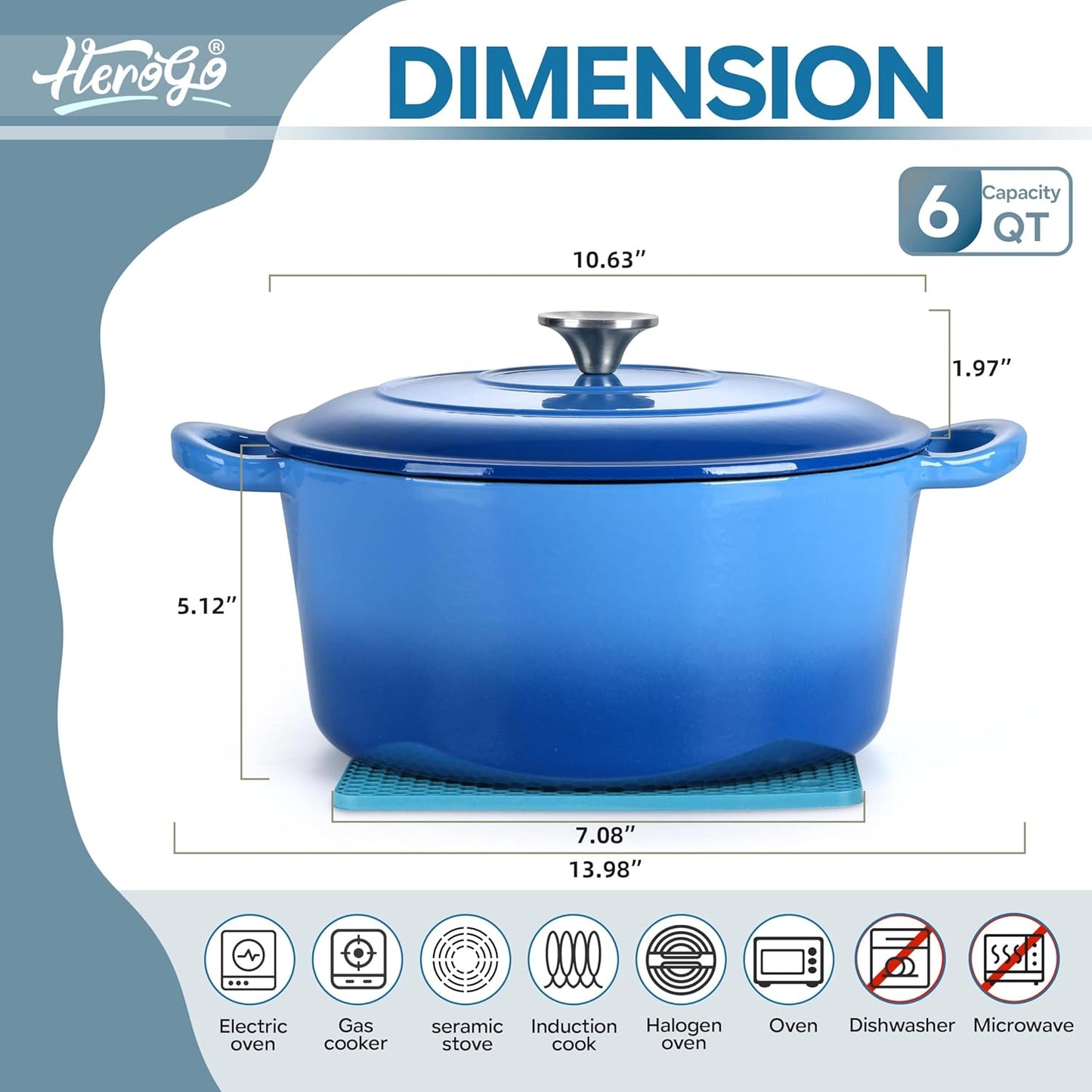 Herogo 6 QT Enameled Cast Iron Round Dutch Oven Pot with Dual Handles, Lid & Silicone Trivet Mat, for Bread Baking Stewing Roasting, Nonstick & Easy Cleanup, Safe for Various Stovetops-Blue