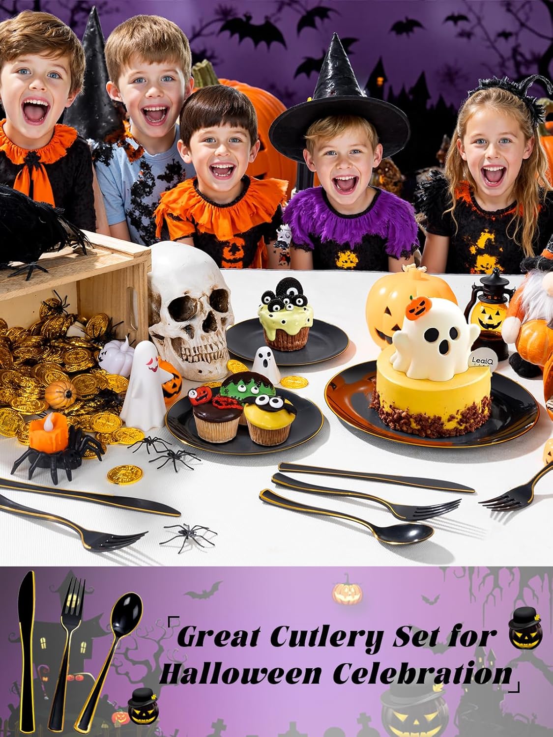 WDF 180 Pieces Black and Gold Plastic Silverware -Halloween Black Plastic Cutlery Incluede 60 Forks 60 Knives 60 Spoons Heavy Duty Disposable Flatware - Gold Utensils for Halloween/Party/Daily Use