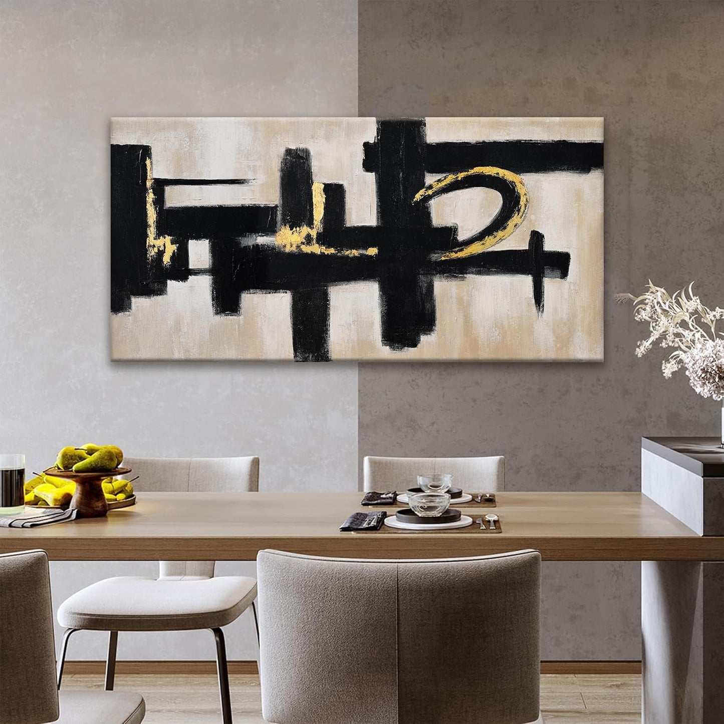 Black And Off-White Abstract Wall Art 24 x 48 Inches Modern Picture Paintings On Canvas Art Wall Decor Minimalist Textured Abstract Wall Decor Painting For Living Room Office Home Wall Decorations