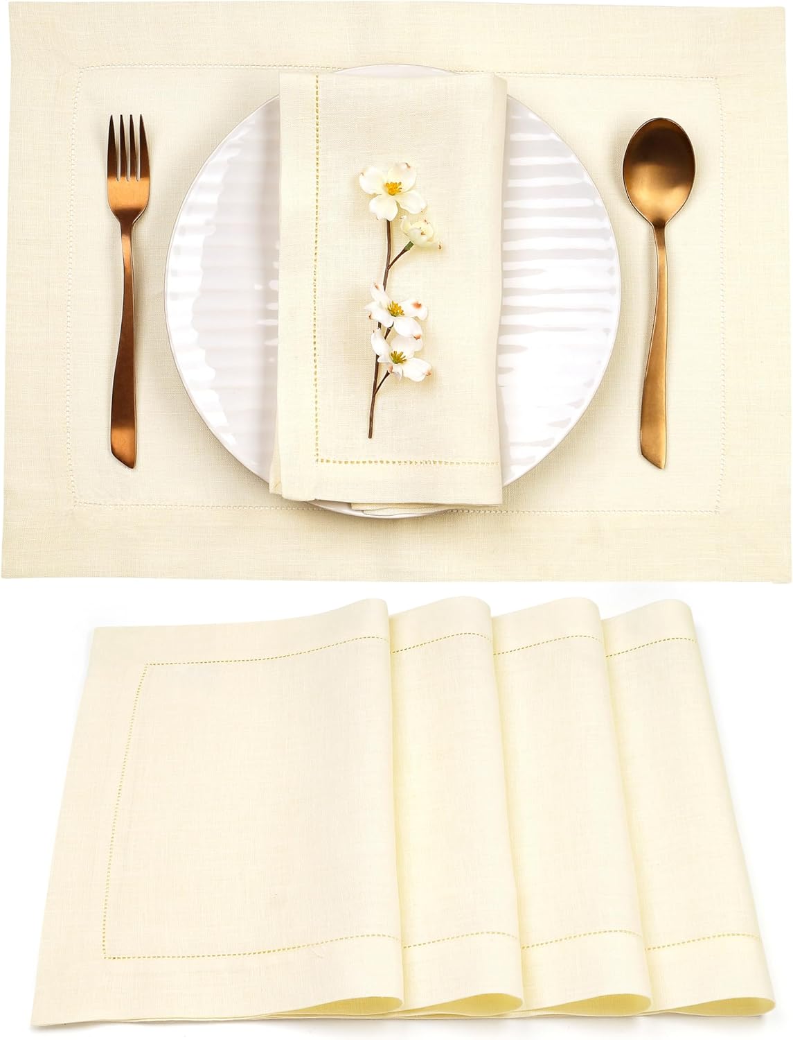 D'Moksha Homes Cream Linen Cloth Placemats Set of 4-100% Pure Linen Hemstitch Placemats 14 x 19 Inch - Classic Hemstitch Table Place Mats for Fall, Halloween - Handcrafted and Machine Washable
