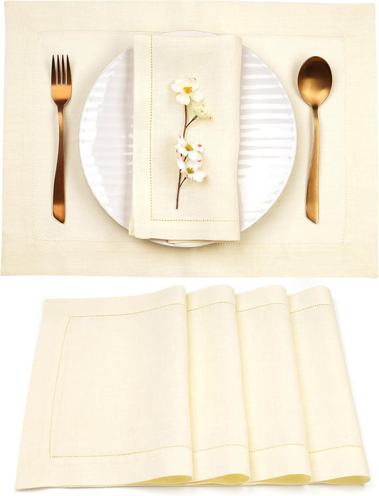 D'Moksha Homes Cream Linen Cloth Placemats Set of 4-100% Pure Linen Hemstitch Placemats 14 x 19 Inch - Classic Hemstitch Table Place Mats for Fall, Halloween - Handcrafted and Machine Washable