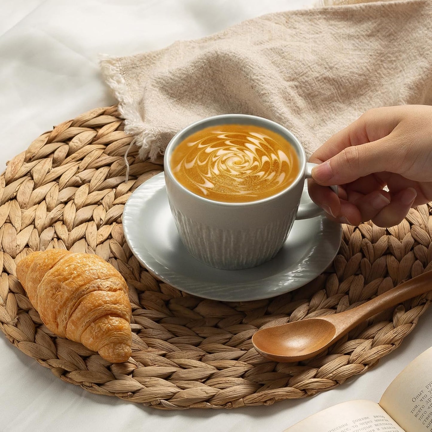 7.4oz Espresso Cups Set of 4 - Ceramic Cappuccino Cups with Saucers - Microwave and Dishwasher Safe, Perfect For Tea, Latte - Porcelain Drinkware for Kitchen or Cafe (grey)