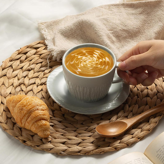 7.4oz Espresso Cups Set of 4 - Ceramic Cappuccino Cups with Saucers - Microwave and Dishwasher Safe, Perfect For Tea, Latte - Porcelain Drinkware for Kitchen or Cafe (grey)