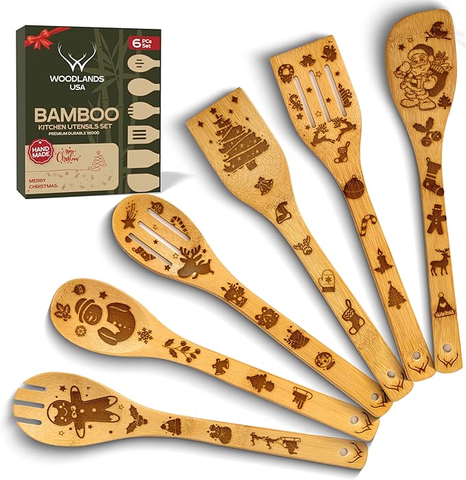 Wooden Spoons for Cooking - 6-Piece Wooden Utensil Set with Spatulas & Spoons, Heat-Resistant, Eco-Friendly Kitchen Utensils for Non-Stick Cookware (Christmas)