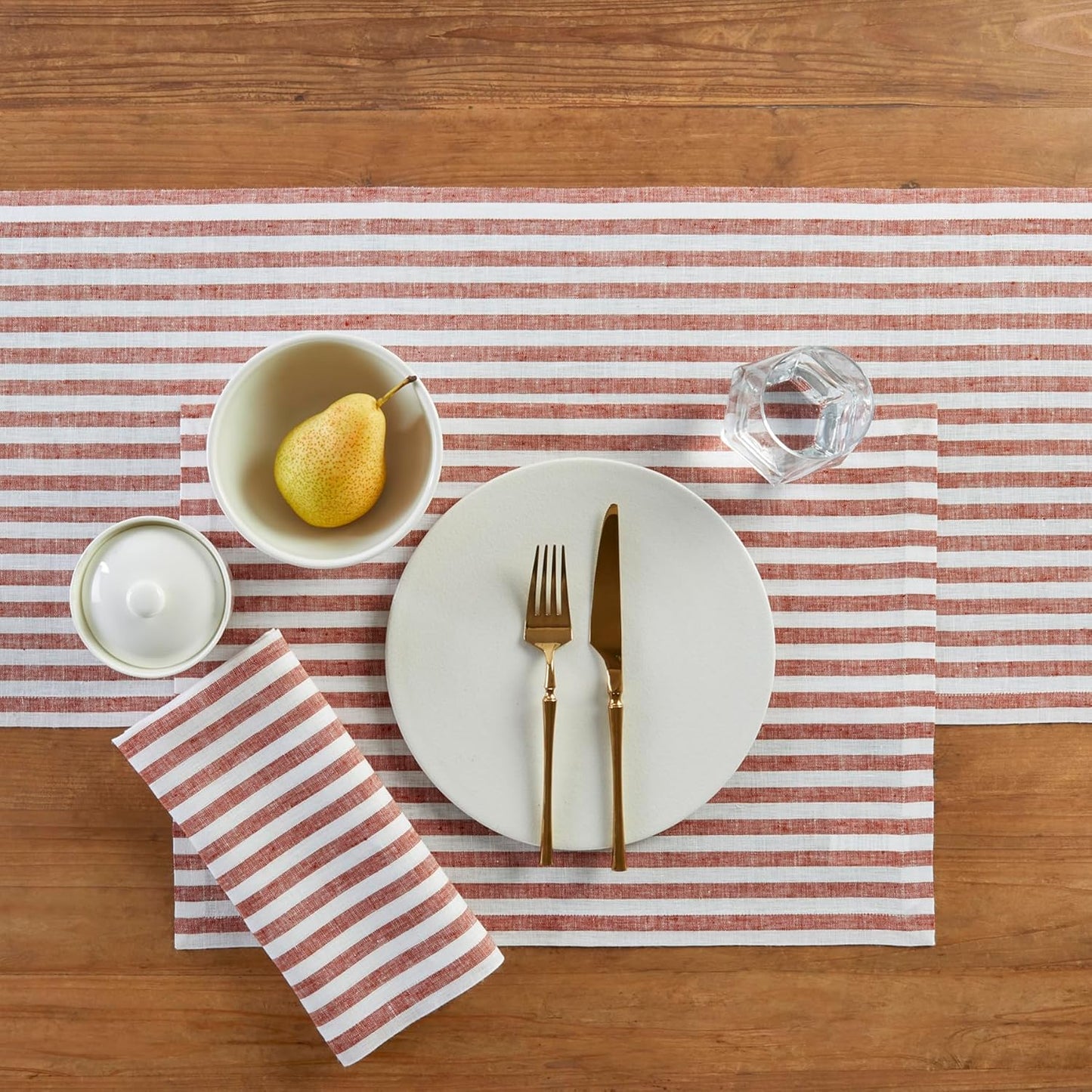 Solino Home Linen Table Runner 90 Inches Long - Amalfi Stripe, 100% Pure Linen Cinnamon and White Farmhouse Table Runner 14 x 90 Inch for Dining, Fall, Autumn, Halloween, Thanksgiving
