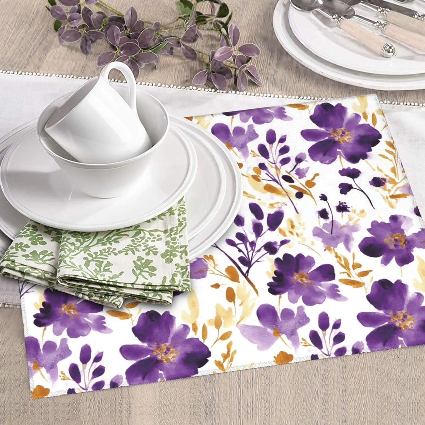 Purple Gold Watercolor Floral Dish Drying Mats for Kitchen Counter & Sink, Absorbent Microfiber Drying Pad for Dishes, Washable Foldable Romantic Kitchen Mat for Dining Area & Home Decor, 16" x 18"