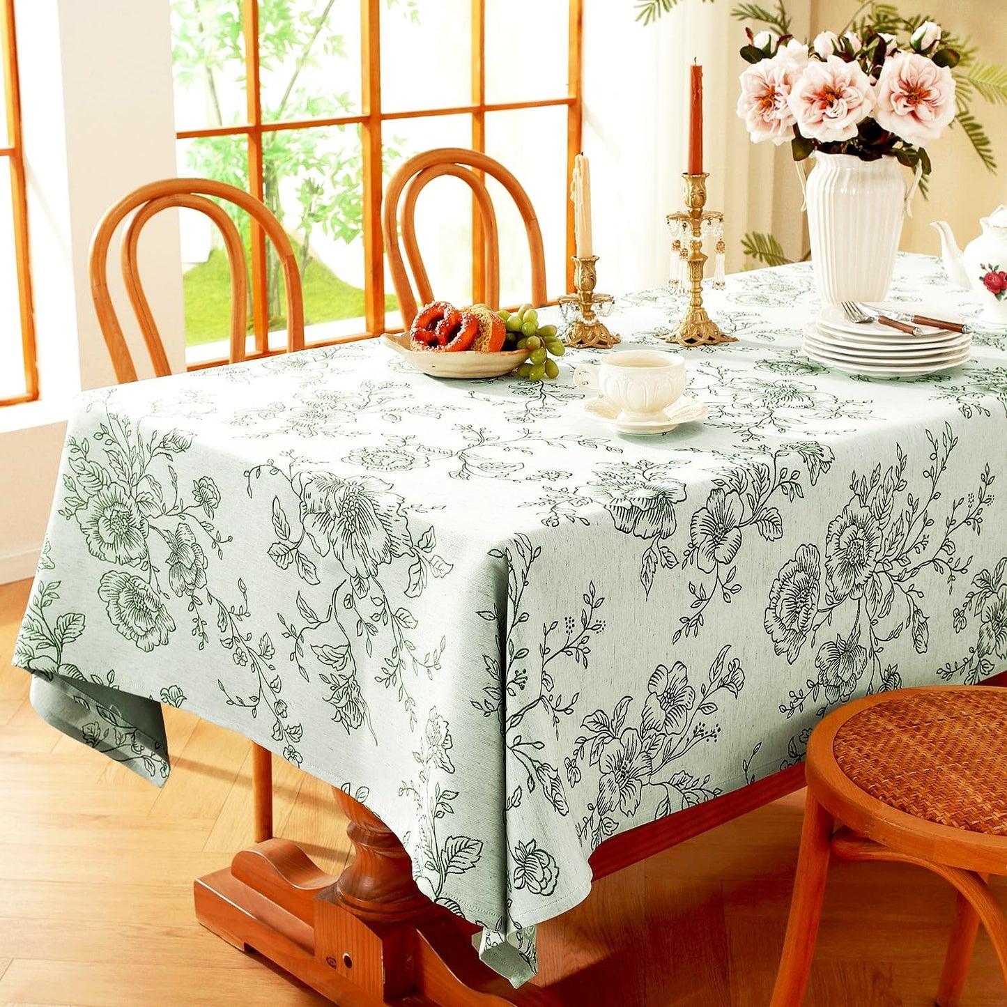 Chassic Premium Vintage Farmhouse Damask Floral 60 x 60 inch Square Table Cloth – Water Resistant Linen Textured Jacquard Tablecloth for Kitchen Dining & Picnic Decor - Green