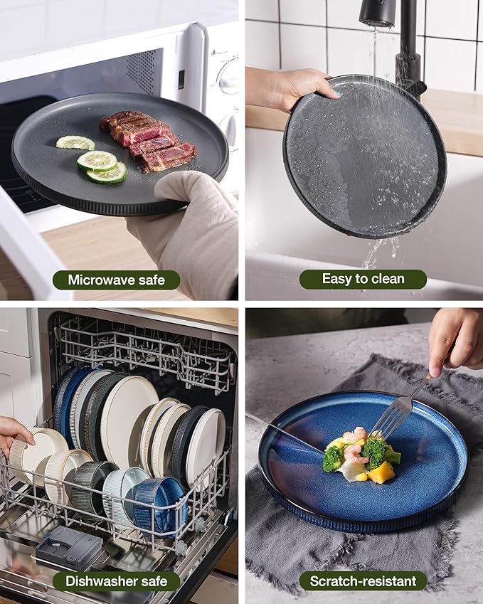 Famiware Star Dinnerware Set with Mugs, Service for 6 (24 Pieces), Ribbed Stoneware Plates and Bowls Dishes Sets - Chip & Scratch Resistant, Microwave & Dishwasher Safe, Matte Dark Charcoal