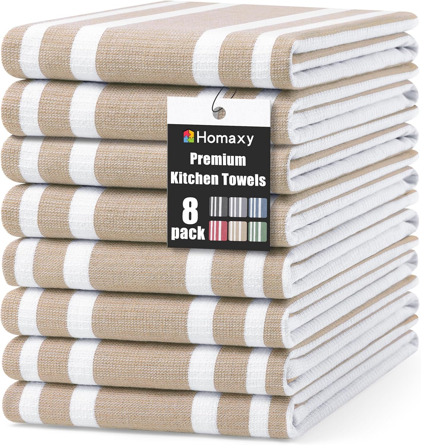 Homaxy Premium Kitchen Towels 18”x 28”, Large Cotton 380 GSM Kitchen Hand Towels, Stripe and Terry Dish Towel, Highly Absorbent Tea Towel Set with Hanging Loop, 8 Pack, Khaki