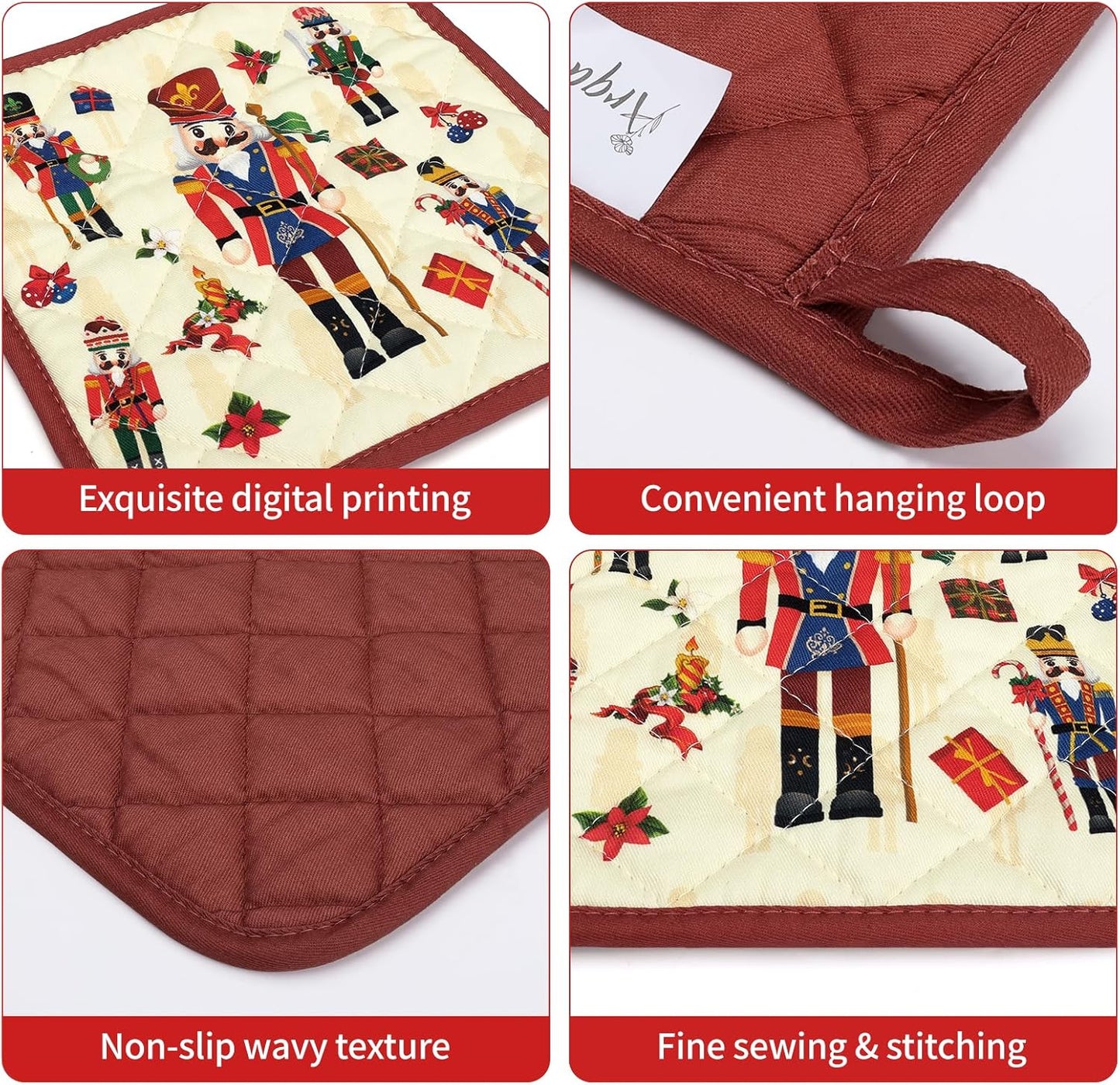 Christmas Nutcracker Oven Mitts and Pot Holders Sets 4Pcs, 100% Cotton Heat Resistant, Extra Long Oven Gloves Potholder for Kitchen Cooking Baking Decoration